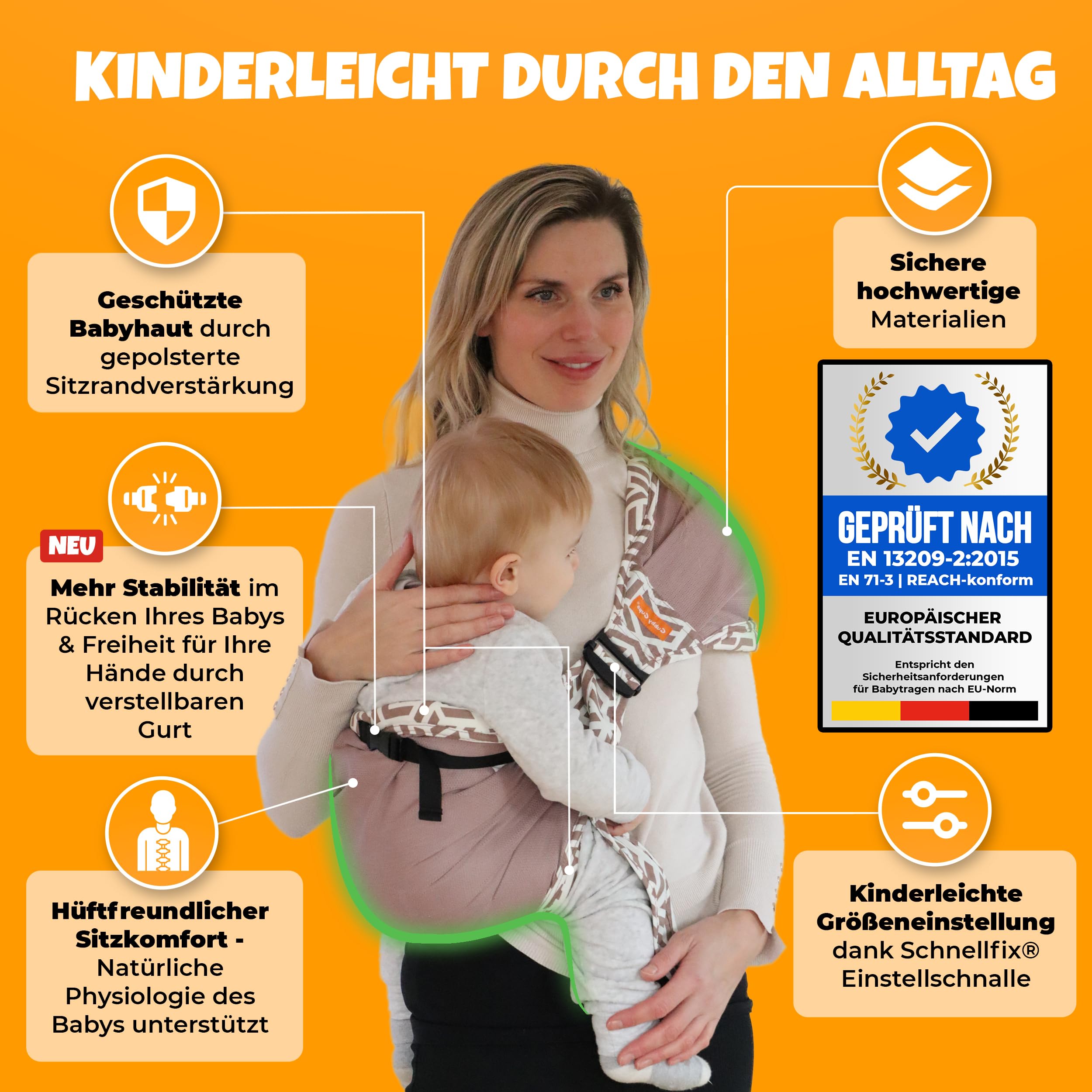Hüfttrage Baby – Ergonomische seitliche Babytrage ab 6 Monate, praktische Tragehilfe für Kleinkind bis 15 kg, schnell angelegt für kurze Einsätze im Alltag | Praktische Tragehilfe für kurze Alltagseinsätze. Leicht, kompakt und ideal für Babys und Kleinkin