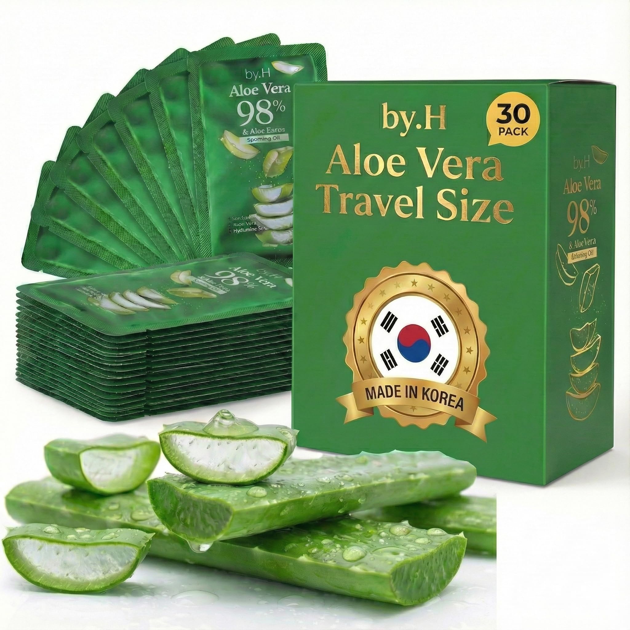 by.H Travel Size Aloe Vera Gel (30 Mini Packets) - TSA-Friendly Organic Soothing Gel for Face & Body - 98% Pure Aloe Gel Packets, Sunburn Relief,