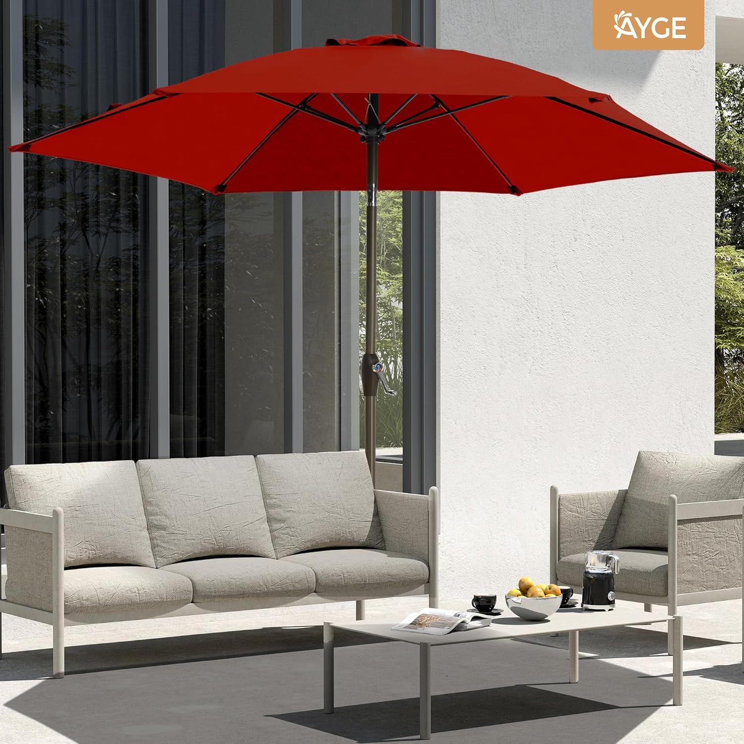 Ayge 7.5FT Large Outdoor Patio Umbrella Market Table Umbrella-UV Resistant, Easy Push Button Tilt and Crank, 6 Sturdy Fiberglass Ribs Heavy-Duty Pool Umbrella for Deck, Backyard,Garden, Yard,Red