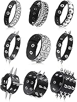 Hicarer 9-Pack Spiked Studded Black Leather Punk Bracelets Cuffs Rivet Wristbands for Men Women