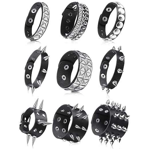 Hicarer 9 Pieces Spiked Studded Bracelet Black Leather Rivet Punk Bracelet Cuff Wrap Bangle Snap Button Metal Wristband for Men Women