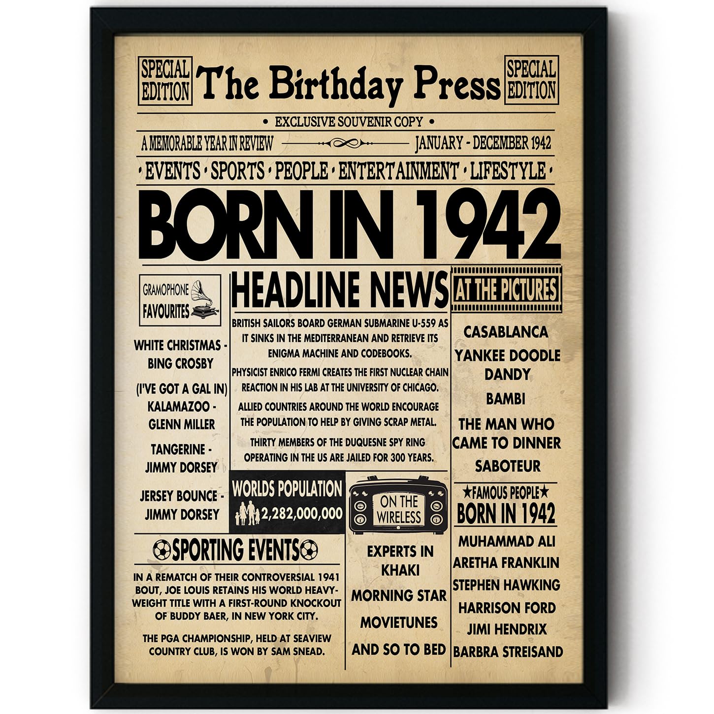 Stuff4 84th Birthday Poster Framed - Born In 1942 Newspaper - Happy 84th Birthday Gifts for Men Women Vintage Retro Back In 1942, 8x10 Inch Bday Party Decor Decoration