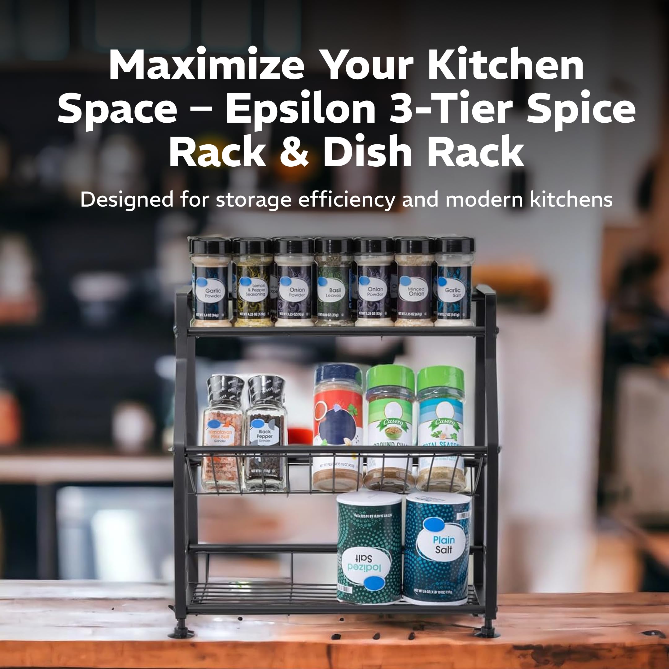 Epsilon 3-Tier Spice Rack and Dish Rack – Vertical Seasoning Organizer with Kitchen Shelf Storage for Efficient Spice Organization & Countertop Dish Drying