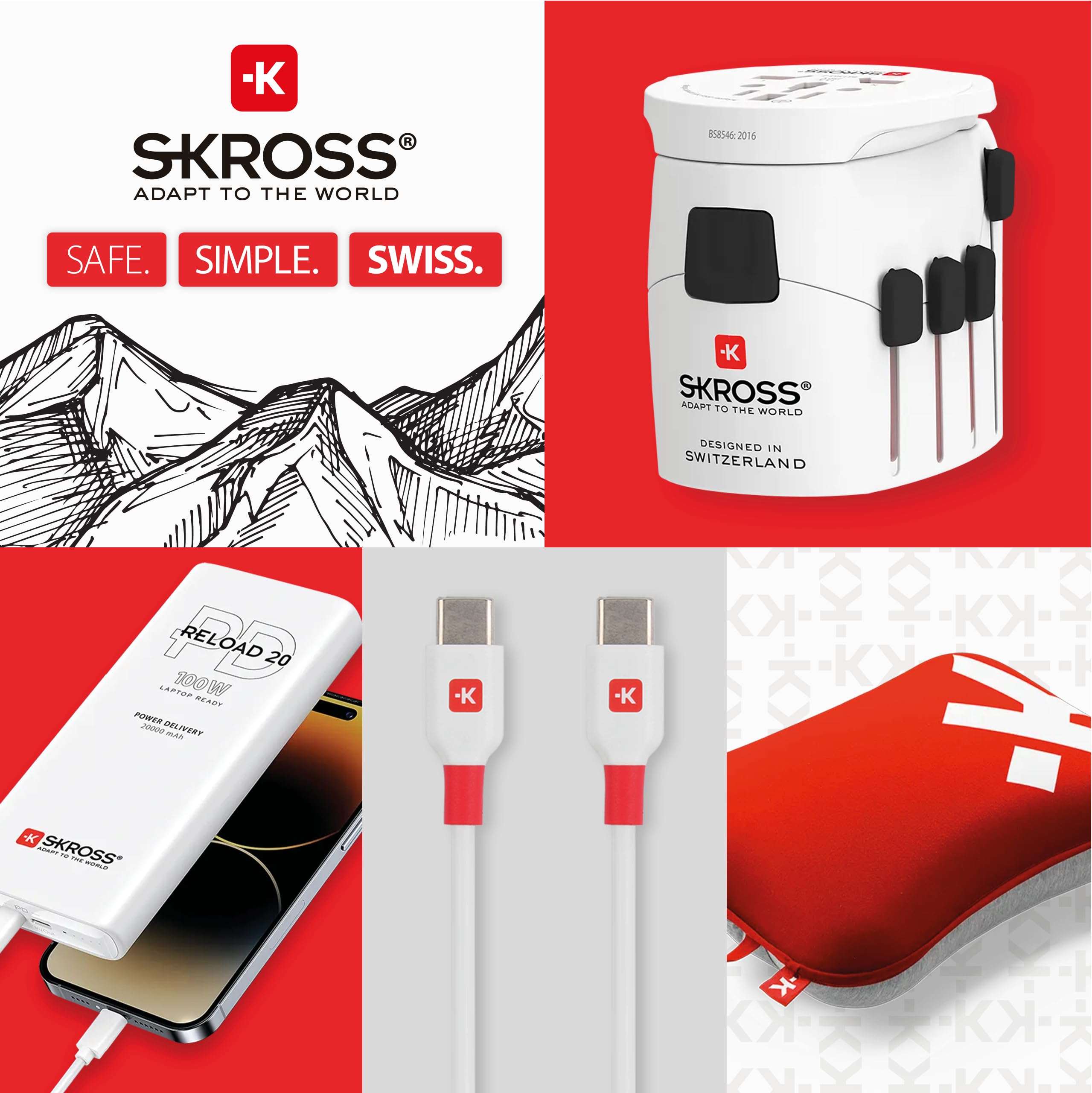 SKROSS 1.302539 | PRO – World & USB | 2 w 1 - Uniwersalny adapter podróżny do i z całego świata - Napięcie i moc: 100 V – 700 W / 250 V – 1750 W - Gniazdo USB 2,4 A - Ochrona przed wstrząsami, Biały