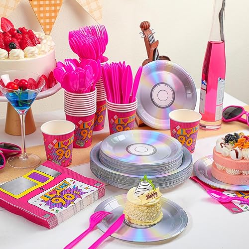 Miniatura 3 de Yungyan Juego de 252 platos y servilletas retro de los años 90, decoraciones de fiesta con texto en inglés "I Love the 90", desechables de vuelta a