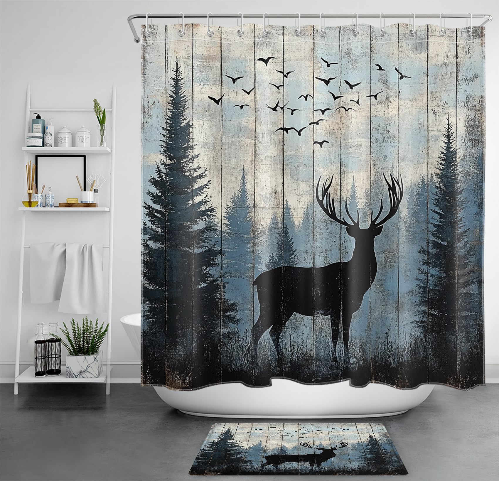 MEUNEAR Rustic Farmhouse Shower Curtain Sets with Rugs, Wild Animal Deer and Bird on Brown Wood Bathroom Curtains Country Cabin Polyester Fabric