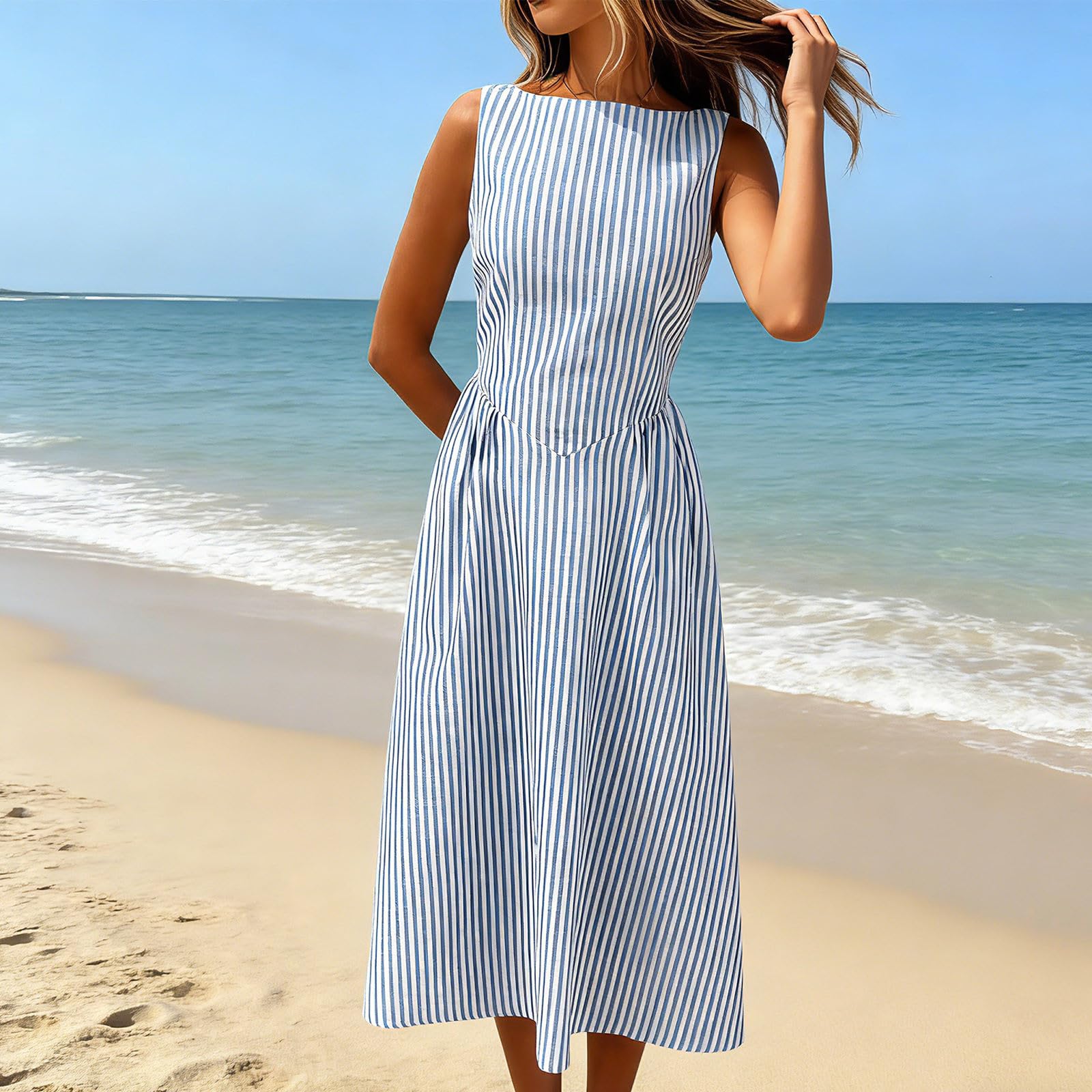 Generico Abito Estivo Donna Lino Vestito Cotone Senza Maniche Morbido e Comodo Abiti Elegante Tinta Unita Vestiti a Righe Abito Lungo Scollo Rotondo Leggeri Vestiti Casual Taglie Forti Estate Mare