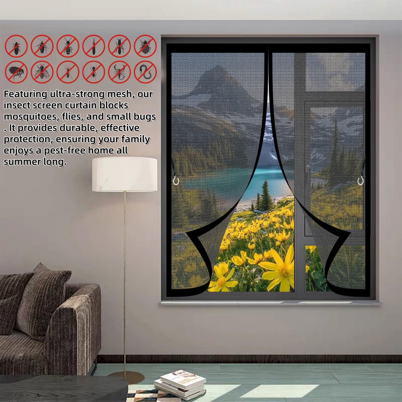 Fliegengitter Magnet Fenster 163 x 176 cm Automatisches Schließen, Klettband Oben, Nicht Kürzbar Fliegengitter Fenster Magnetband für Alle Arten von Türen Und Fenstern, Schwarz