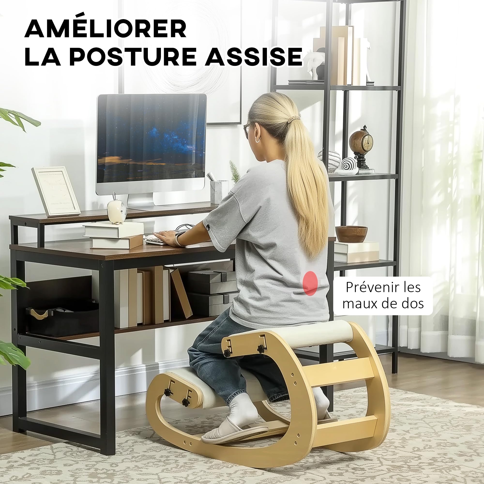 HOMCOM Siège Assis Genoux, siège Ergonomique en Bois à Bascule, Chaise à Genoux réglable pour Bureau à Domicile, améliorer la Posture, maux de Dos, crème