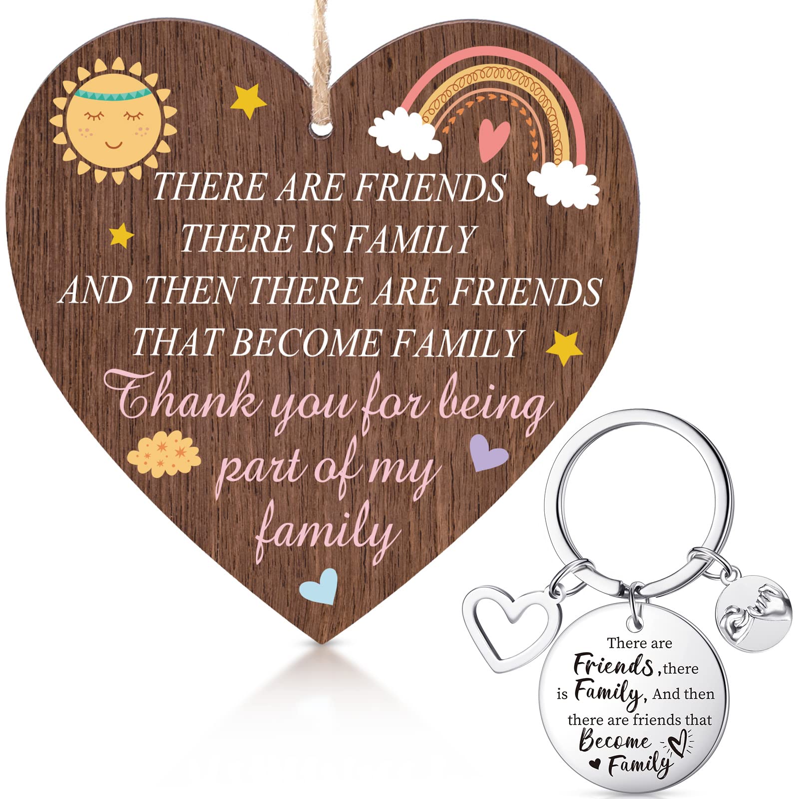 Herdear Gifts for Best Friends Including Best Friends Keychain and Hanging Wooden Heart Sign Plaque Metal Keyring with Memorial Quote Novelty Friendship Gifts for Women(Sun