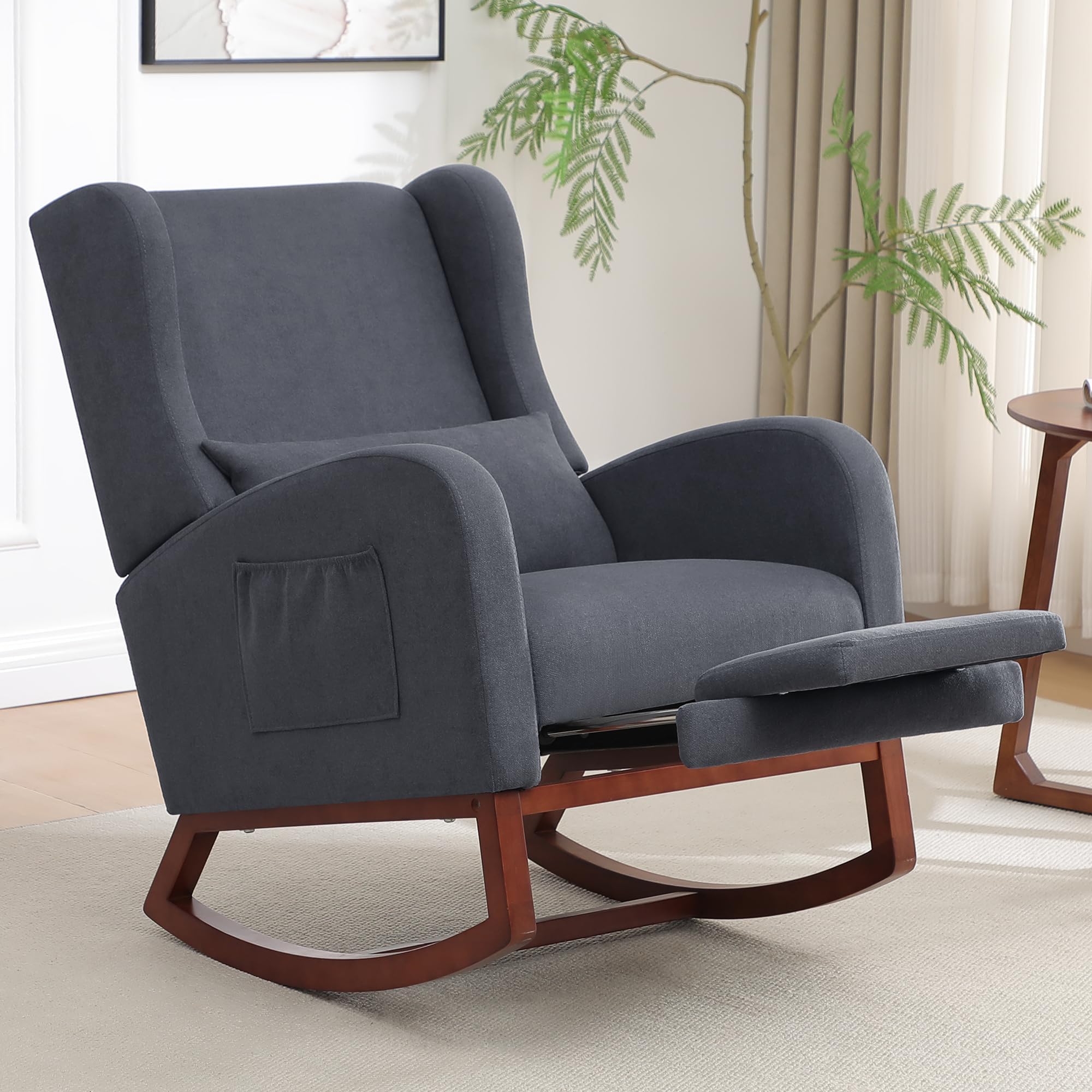 HCHAIRH Nursery Rocking Chair, Wingback Rocking Chair Nursery with Foot Rest, Comfy Glider Rocker Nursing Chair with High Back for Nursing, Living Room, Bedroom, Grey