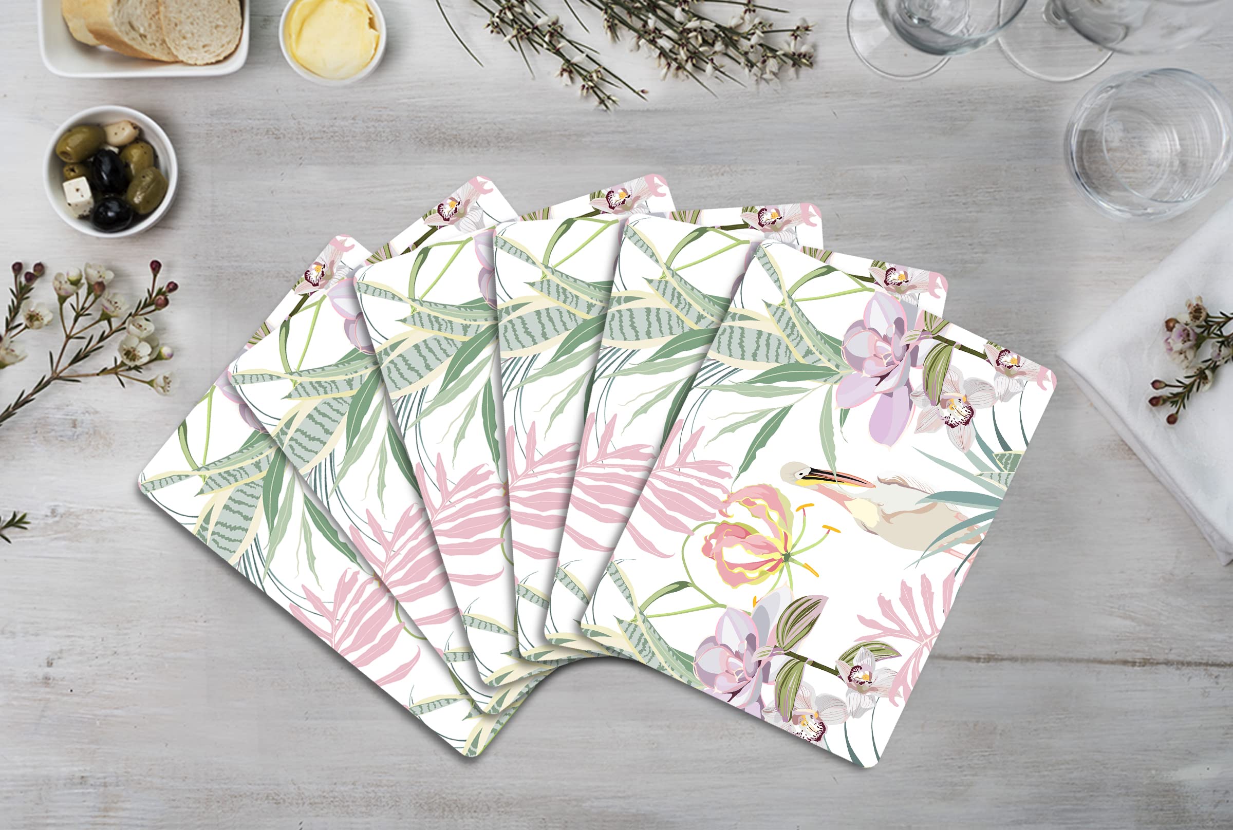 Space of Joy Hand Drawn Pelican Design Premium Printed MDF Wooden Dining Tablemat, Heat/Water Resistant Rectangular Placemats Set of 6 Pieces Multicolour 1