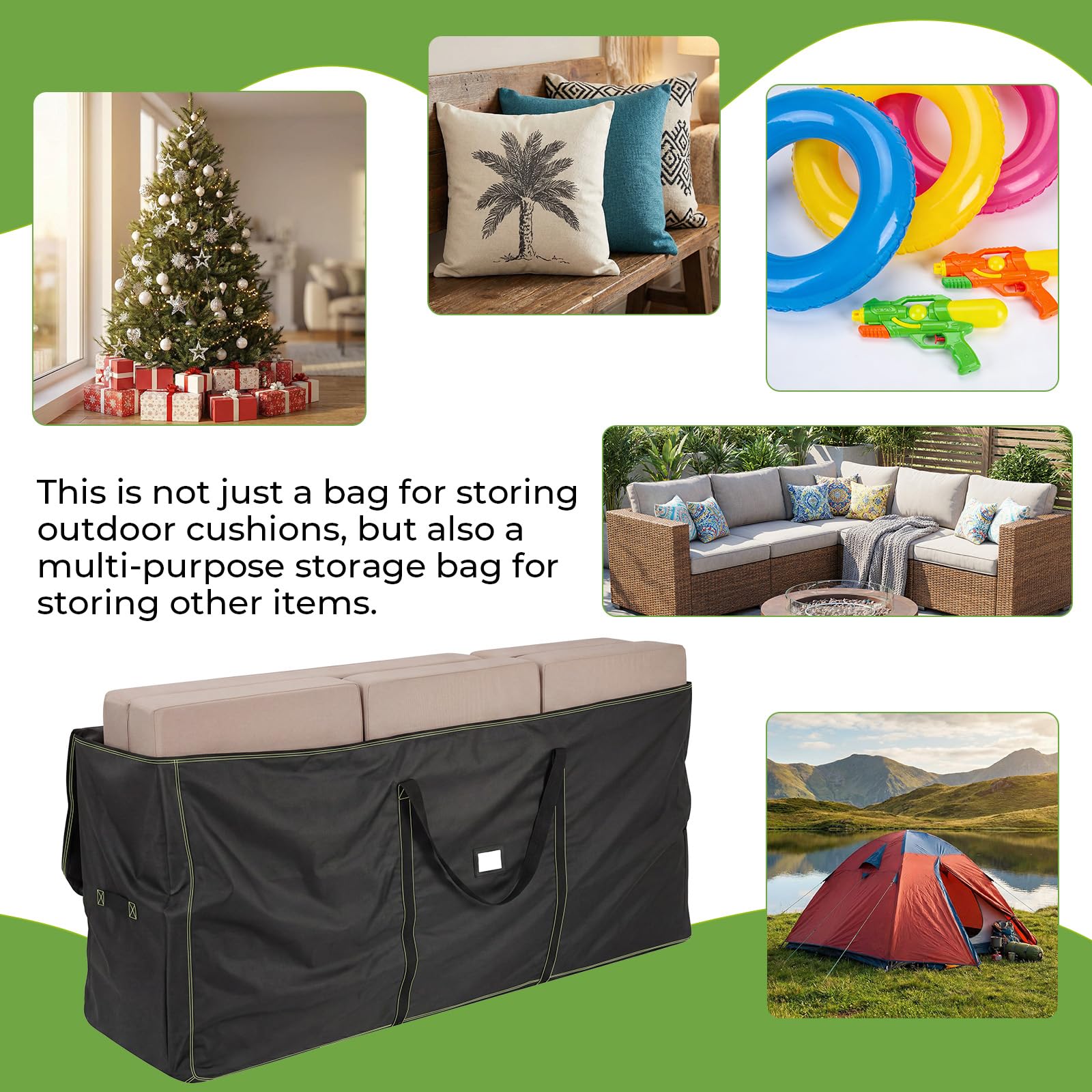 GARPROVM Sac de rangement XXL pour coussins de jardin & meubles d’extérieur, 173x51x76 cm Sac de rangement pour meubles de jardin en tissu Oxford 420D doux, résistant à l’eau et à la poussière
