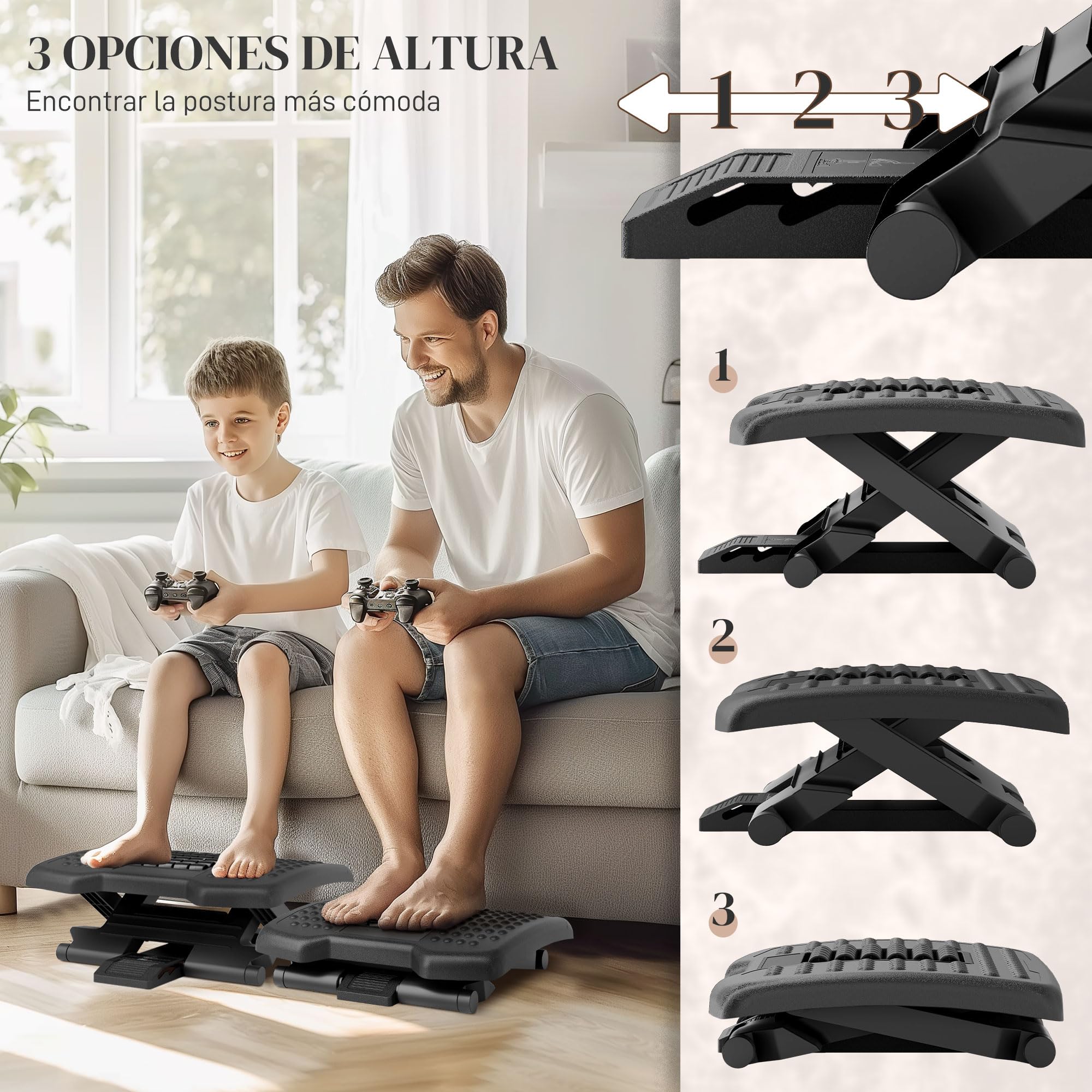 HOMCOM Reposapiés de Oficina, Reposapiés Ergonómico con Altura Ajustable en 3 Niveles, -30° a +30°, Reposa Pies con Superficie de Masaje, Almohadillas Antideslizantes, para Estudio, Hogar, Negro