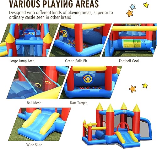 Miniatura 6 de GLACER Casa inflable de rebote deslizante, castillo 6 en 1 con cama de salto, tobogán, puerta de fútbol, malla de bolas, pozo de bolas, objetivo de
