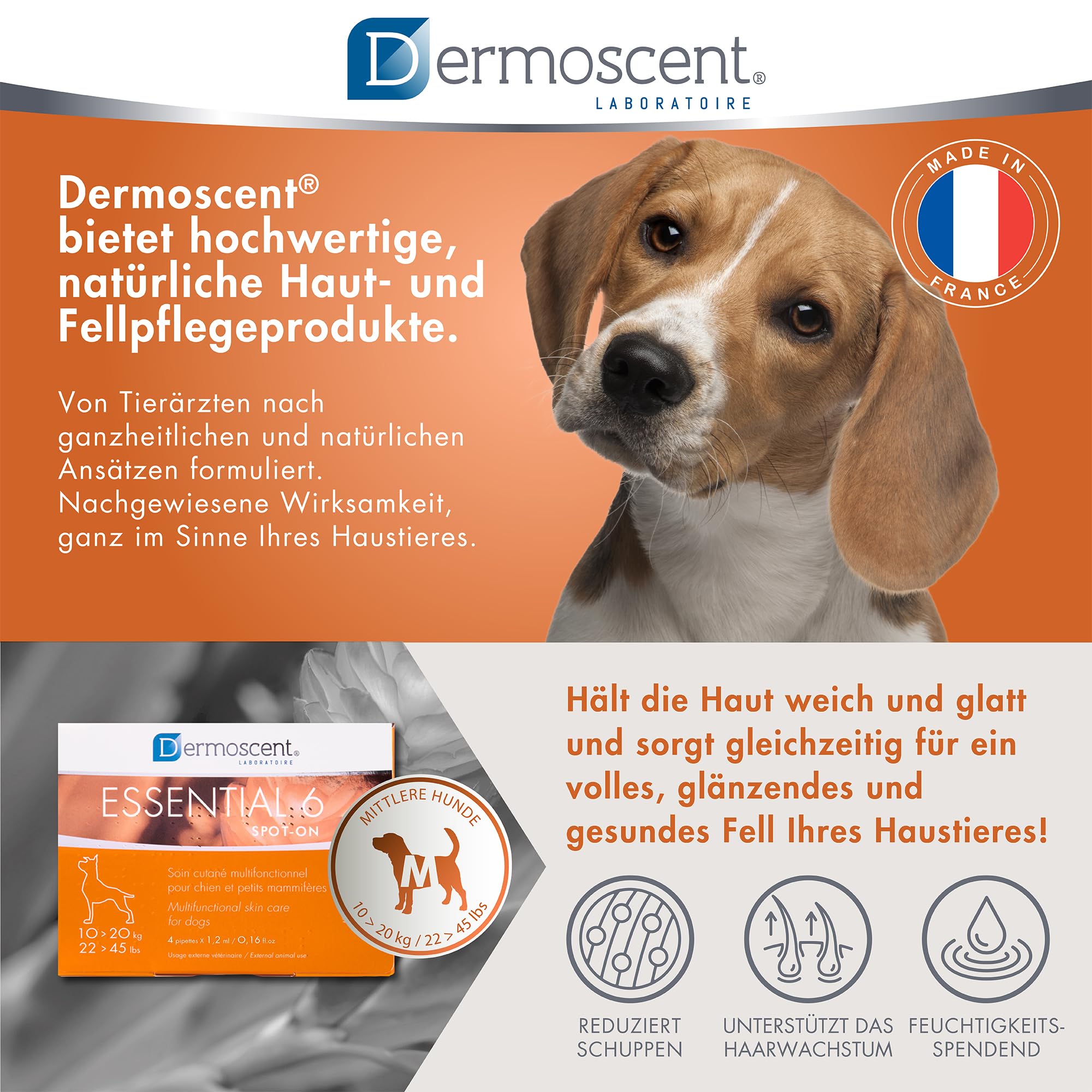 Innovative Hautpflegelösung für Hunde und kleine Haustiere | Feuchtigkeitsspendend, glänzend, kontrolliert Haarausfall, reduziert Gerüche und schützt mit natürlichen Inhaltsstoffen | 10-20 kg