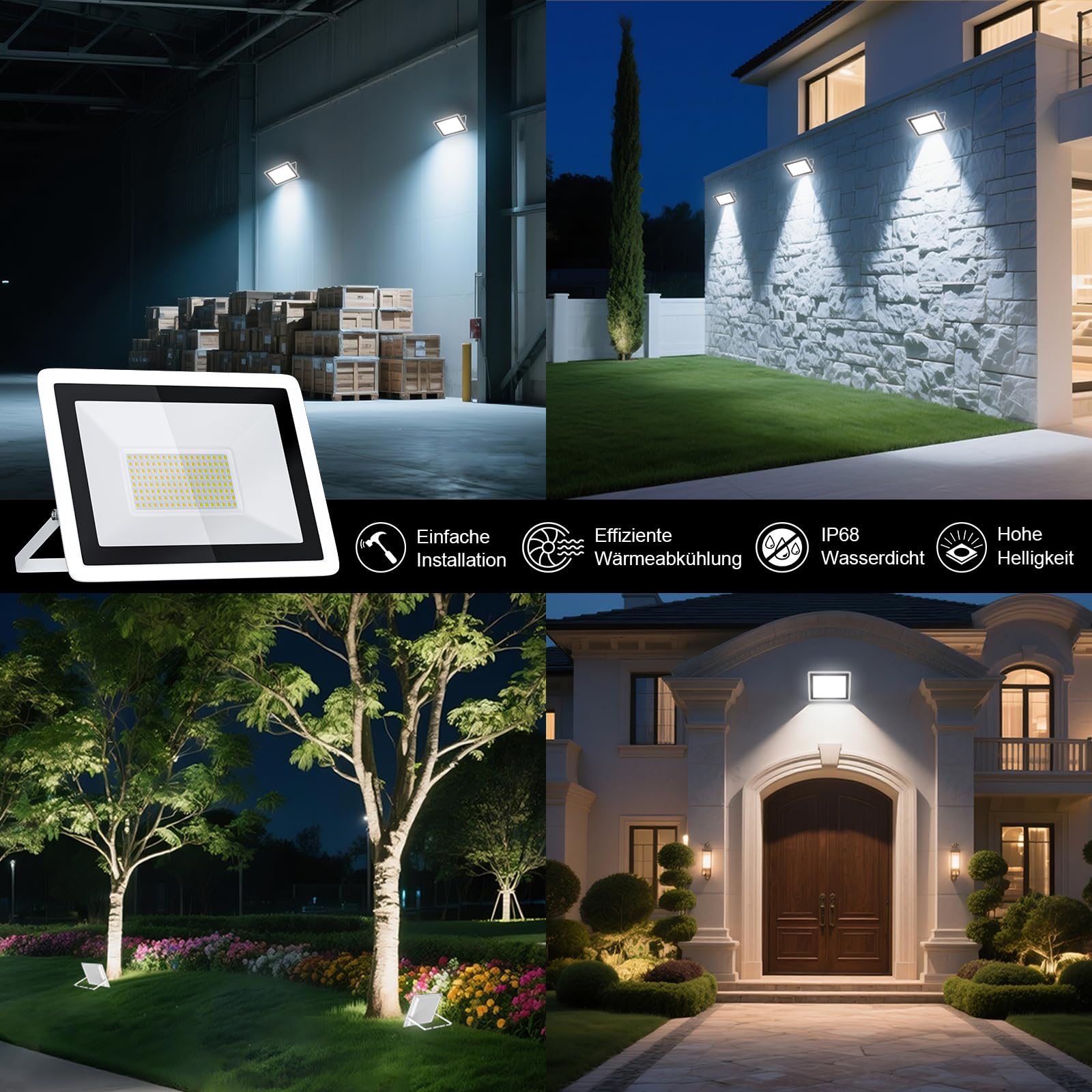 Lot de 2 projecteurs LED ultra fins pour extérieur, 100 W, 7200 lm, étanchéité IP68, pour cour, garage, terrain de sport