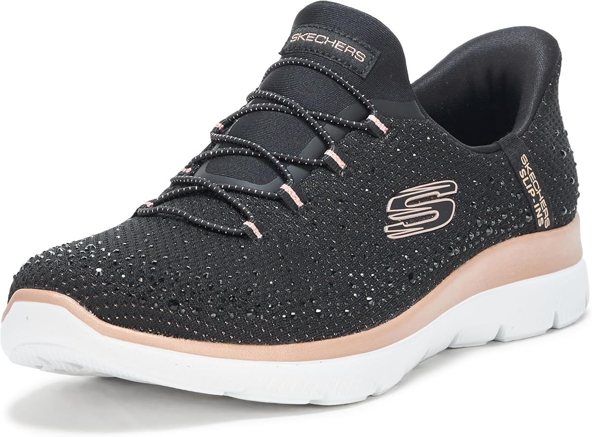 Skechers Women's Summits Brilliant Shine | Slip-ins, Rhinestone embellished mesh upper with stretch laces, Heel Pillow holds your foot secure,Flexible traction outsole