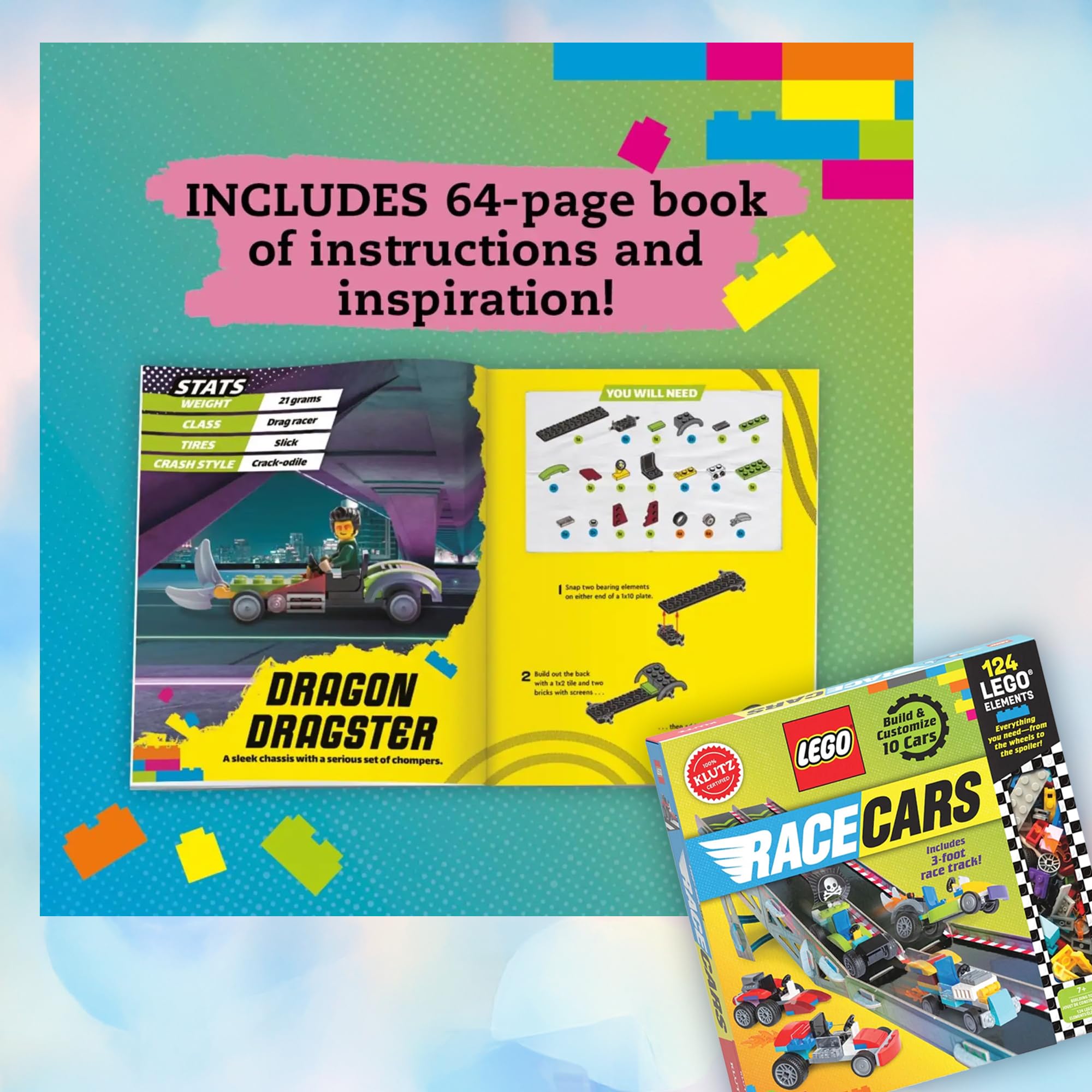 Klutz Lego Race Cars Building Kit with 3-Foot Track and Invisible Ink Activity Book, 124 Elements, Ages 8+