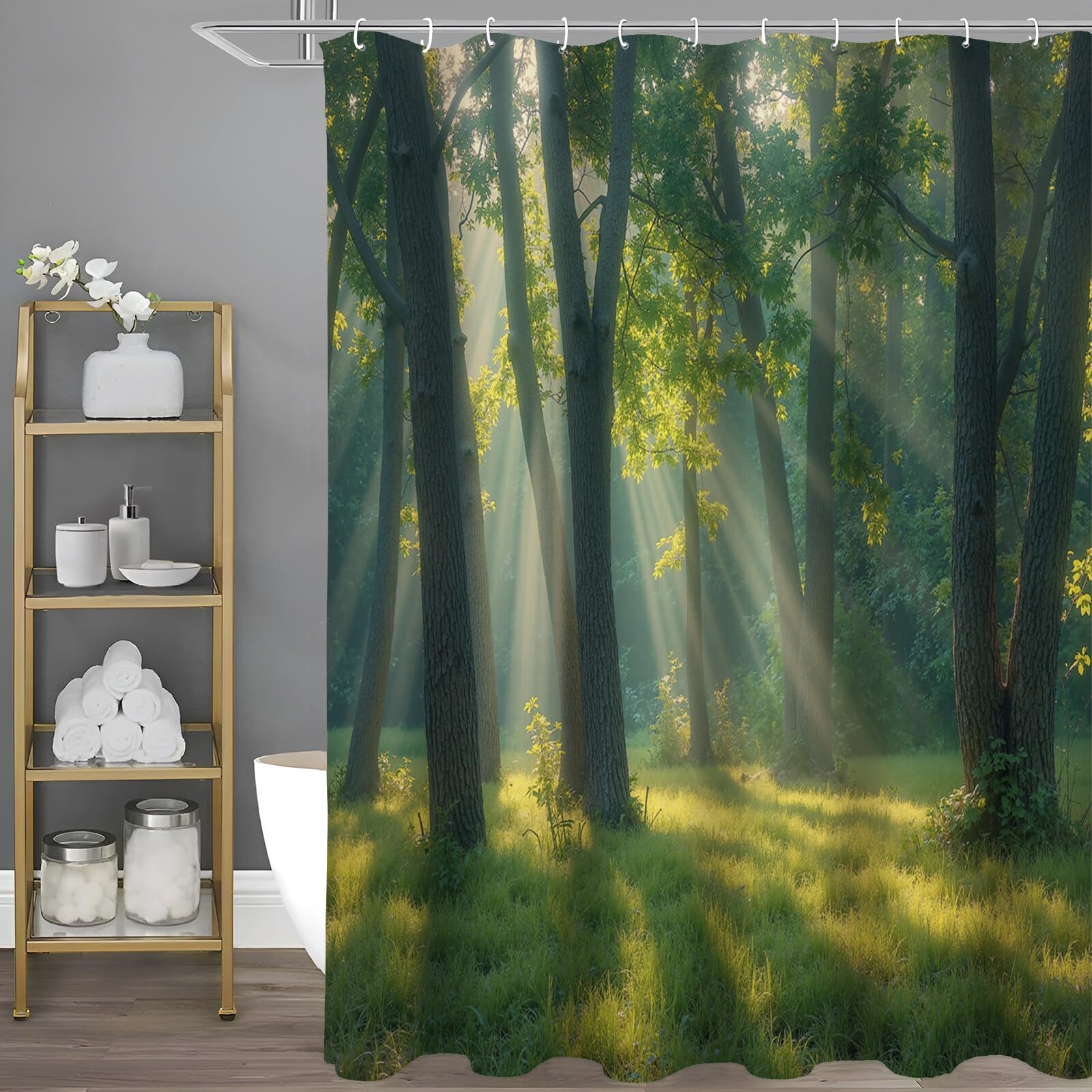 Rideau Douche,Rideau Baignoire Lavable en Machine Rideaux Douche Tissus Lavable Rideau De Baignoire Lavable pour Salle De Bain Domicile Baignoire Famille,Forêt Ensoleillée,