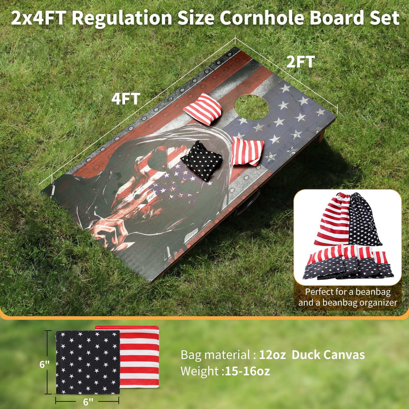 Cornhole Set, Corn Holes Outdoor Game, Regulation 2X4 Cornhole Boards, Portable Classic Skull American Flag Cornhole Set Includes 2 Boards, 8 Cornhole Beans Bags & Carry Case