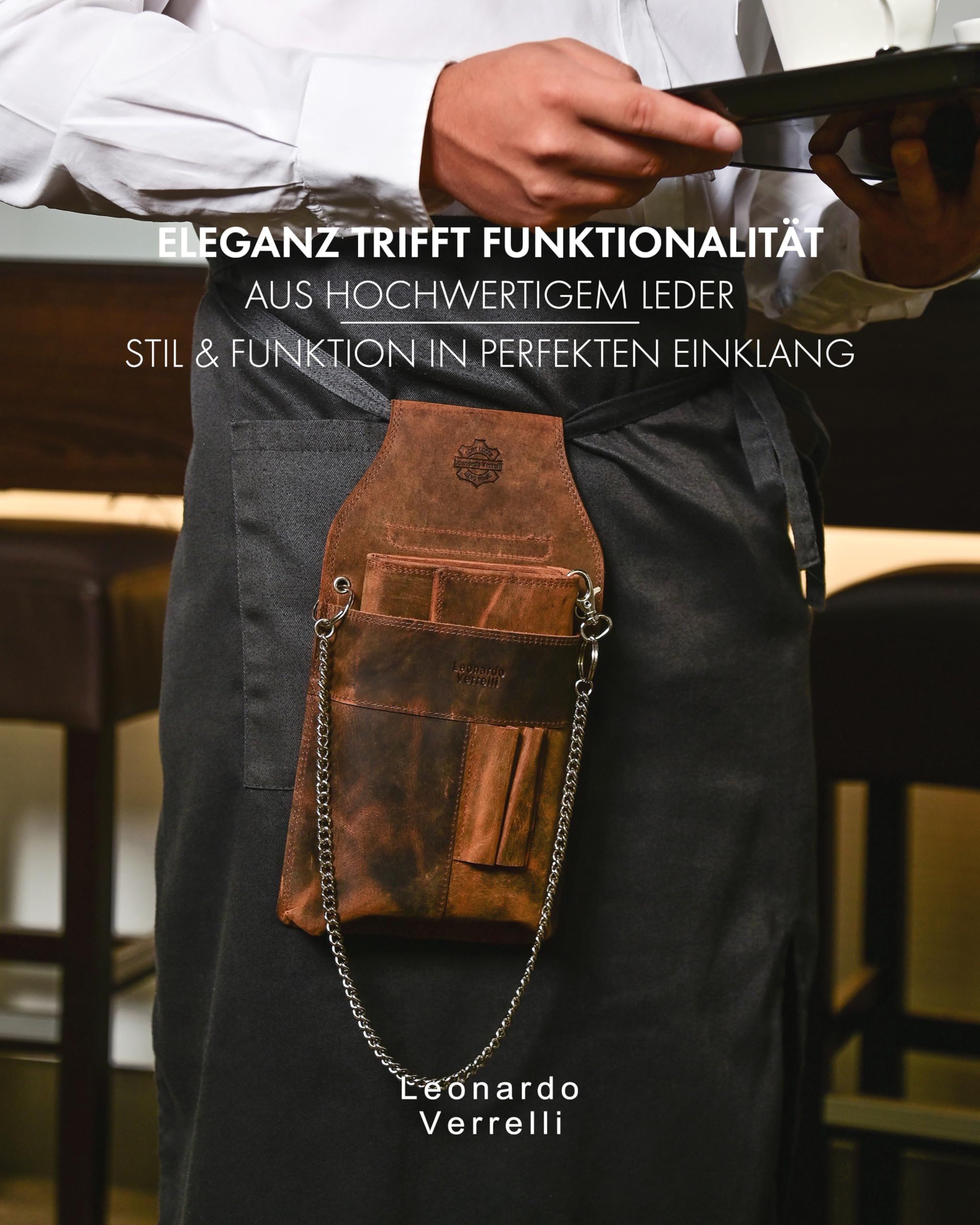 Cartera de camarero de piel | Monedero para gastronomía con trabilla para cinturón | Monedero para operaciones hombre y mujer, marrón, 28x14, Clásico