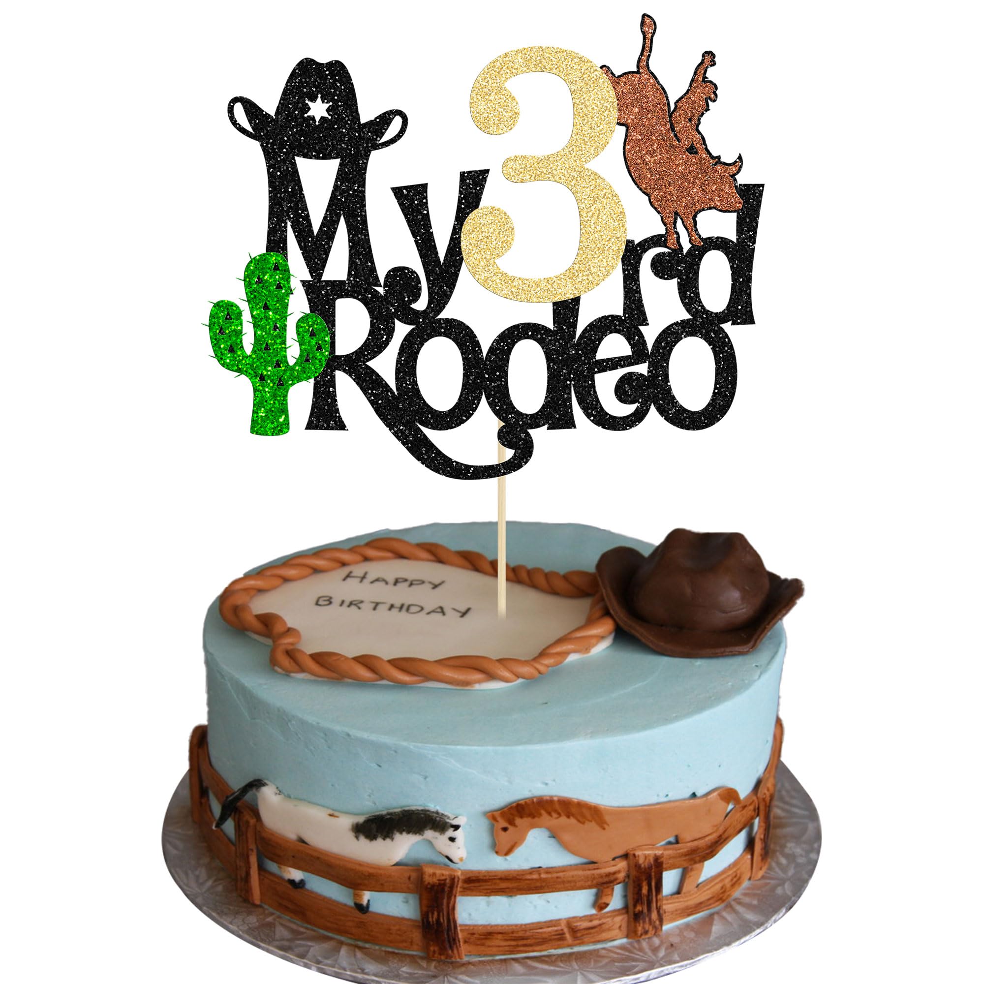 1Pc Cowboy 3rd Birthday Cake Topper Glitter Third Birthday Hat Cowboy Three Cake Decorations for Western Theme Baby Shower Kids Boys 3rd Birthday
