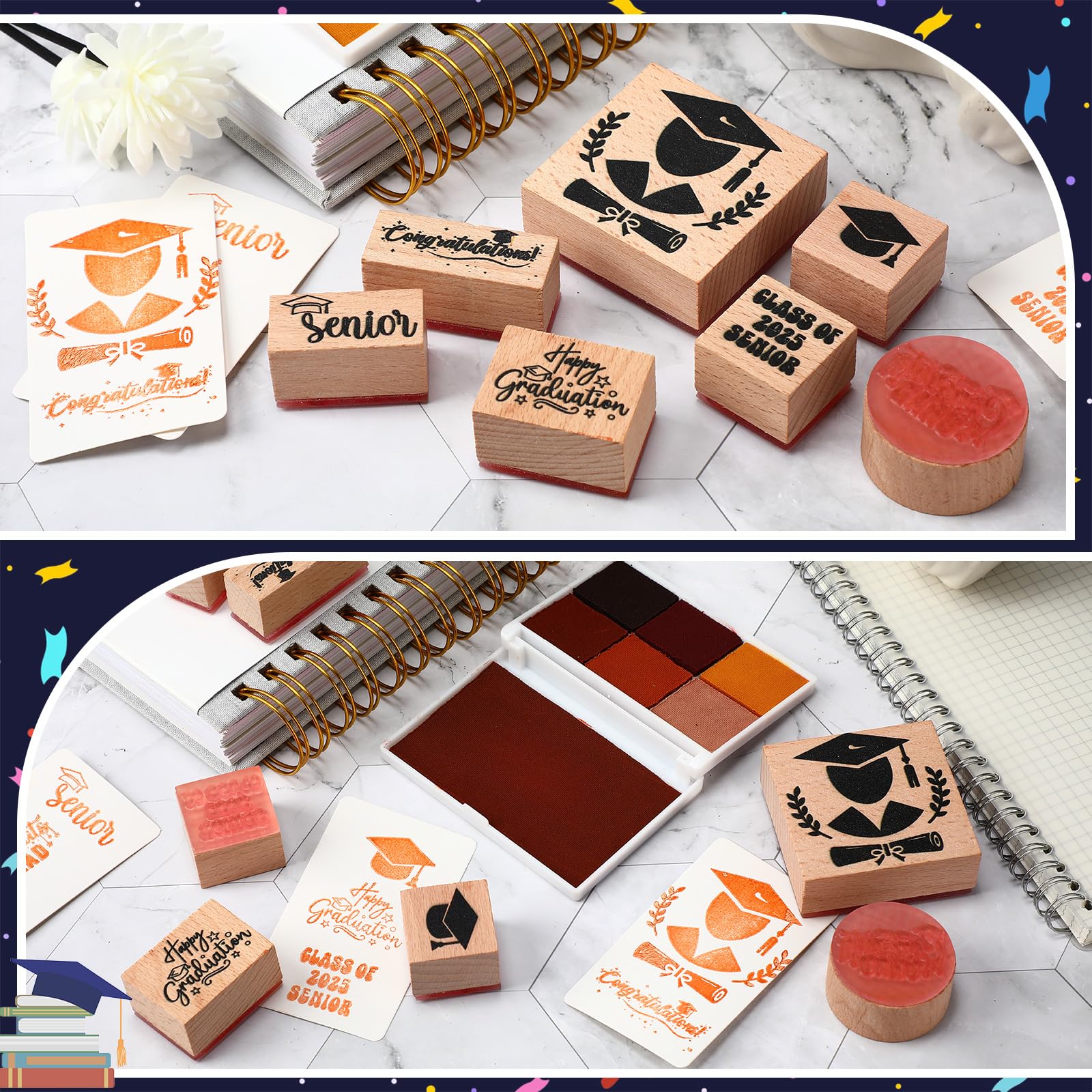 Supervitae Gummistempel-Set aus Holz, 8 Stück, zum Schulabschluss, Vintage, Holzstempel zum Basteln und Basteln, Scrapbooking, Kartenherstellung, Handbuch