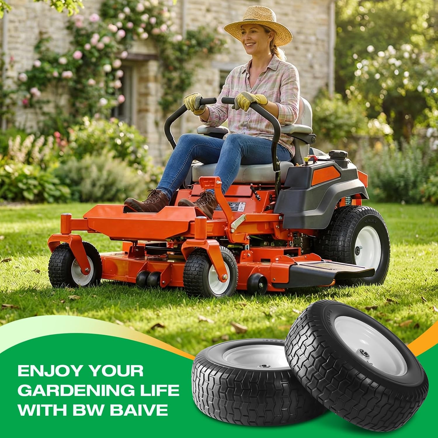 16x6.50-8 Flat Free Lawn Mower Tire Wheels; 2 Packs Non-Slip Puncture-proof Tire for Lawnmowers, Replacement 3/4" & 4 Pcs 5/8" Bearing with 24 Spacers for Zero Turn Mowers 、Garden Tractors Carts