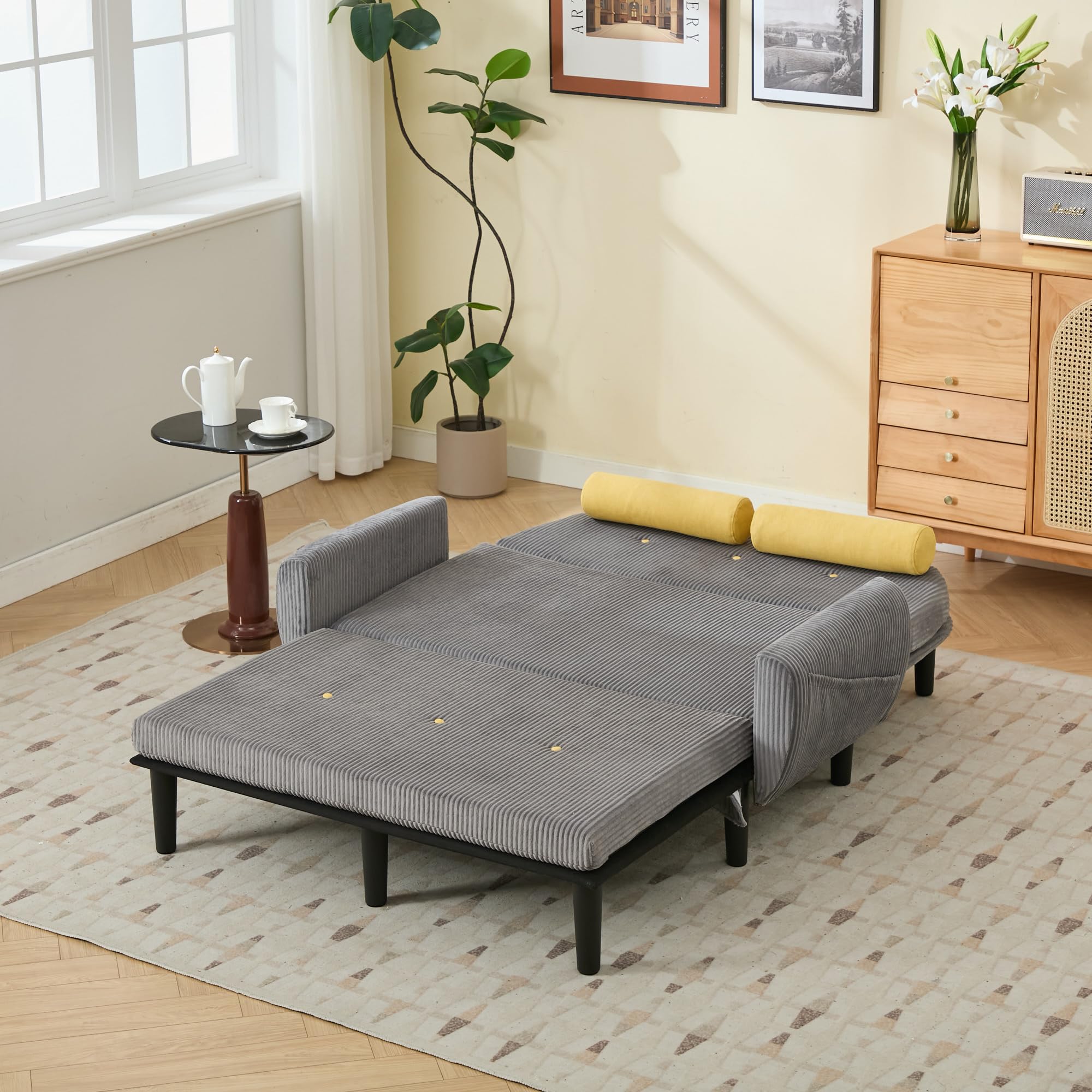 Sofa mit Schlaffunktion, Schlafsofa Klein, Cord Sofa 2 Sitzer, Kann als Sofa, Bett und Liegestuhl, Samtpolsterung für Wohnzimmer und Schlafzimmer, 180 * 128 * 53cm (Grau)