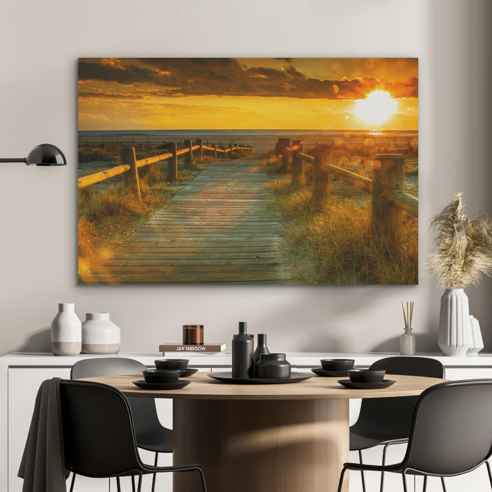 MuchoWow© Wandbilder aus Filz 100x70 cm Wohnzimmer Wanddeko Schlafzimmer Zimmerdeko Wandgemälde Zimmer Deko für die Wand Dekoration Wall Art Sonne - Strand - Düne - Horizont - Gras - Pfad