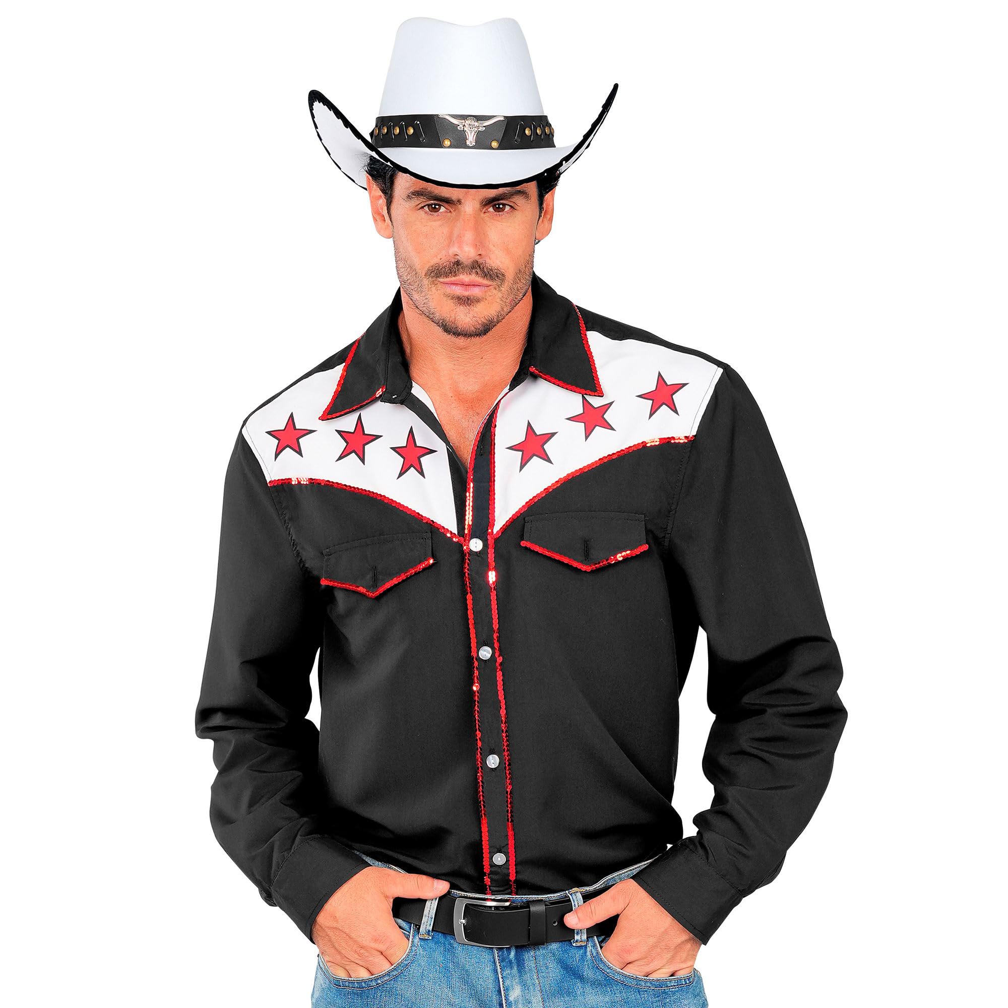 W WIDMANN MILANO Party Fashion Cowboy Hemd Herren - Schwarzes Cowboy-Hemd mit Sternen