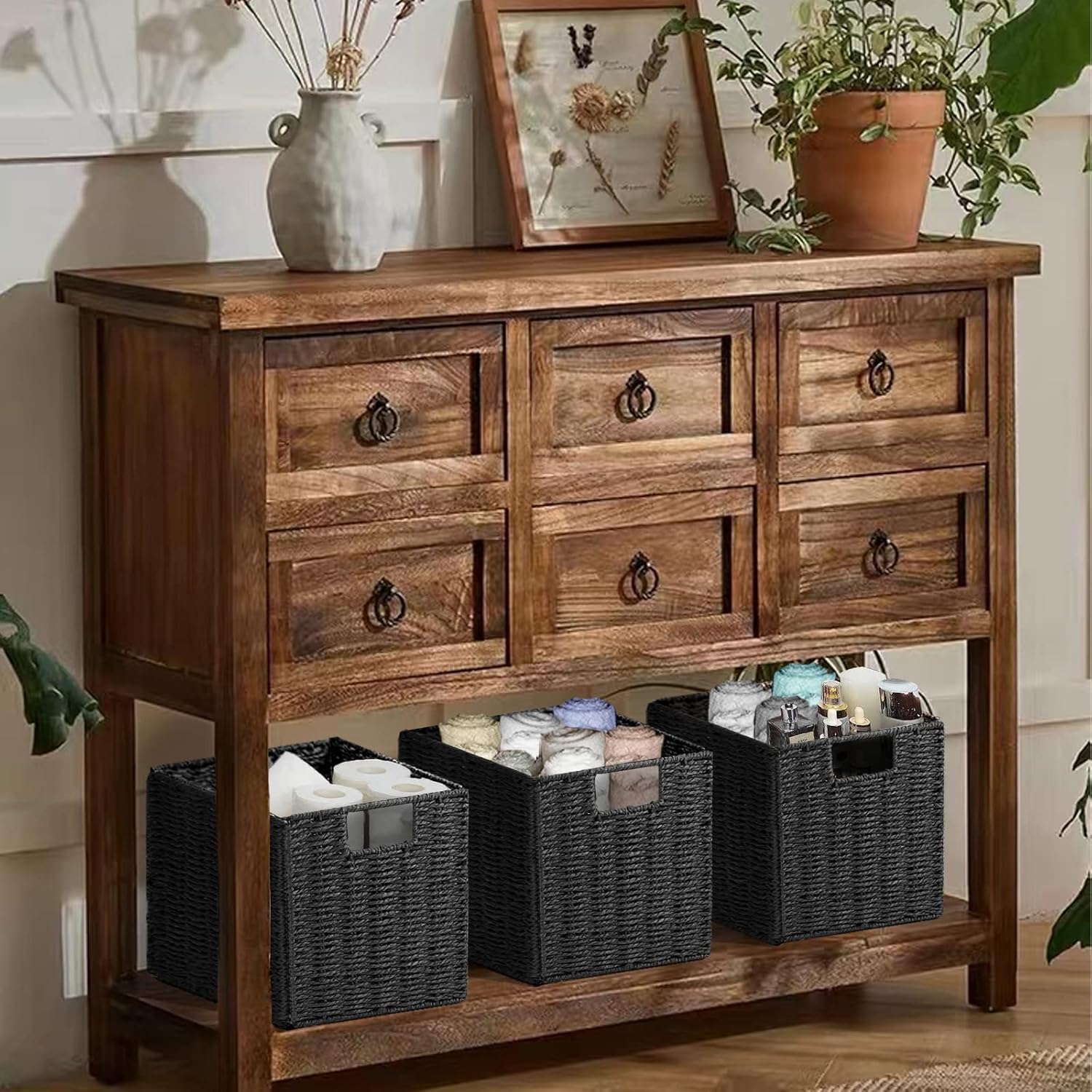2 Cestas de Almacenaje, Cesta Mimbre Tejidas a Mano Cubo 28CM, Cesta Grande Plegable de Papel de Jacinto de Agua con Asas, Cesto Decorativo para Baño Estanterías Kallax Cocina