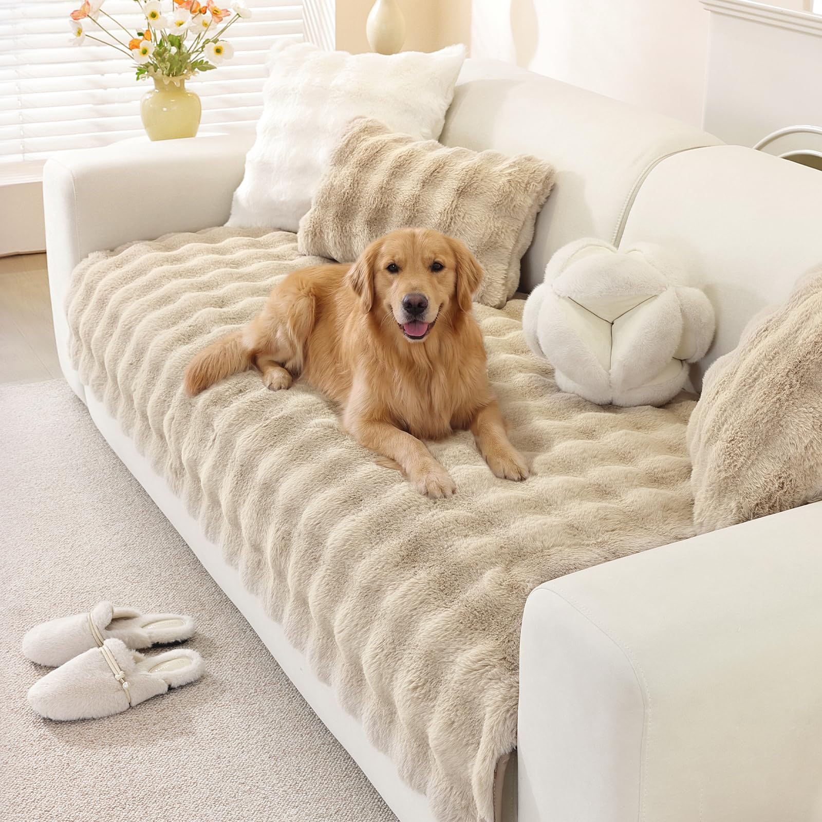 Photo 1 of OstepDecor Faux Fur Couch Cover, Soft Plush Couch Covers for Sofa, Fuzzy Cozy Bubble Sofa Covers Washable, Pet Friendly Couch Protectors for Dogs, Dog Mat for Couches and Sofas (35.4" x 82.7", Khaki)