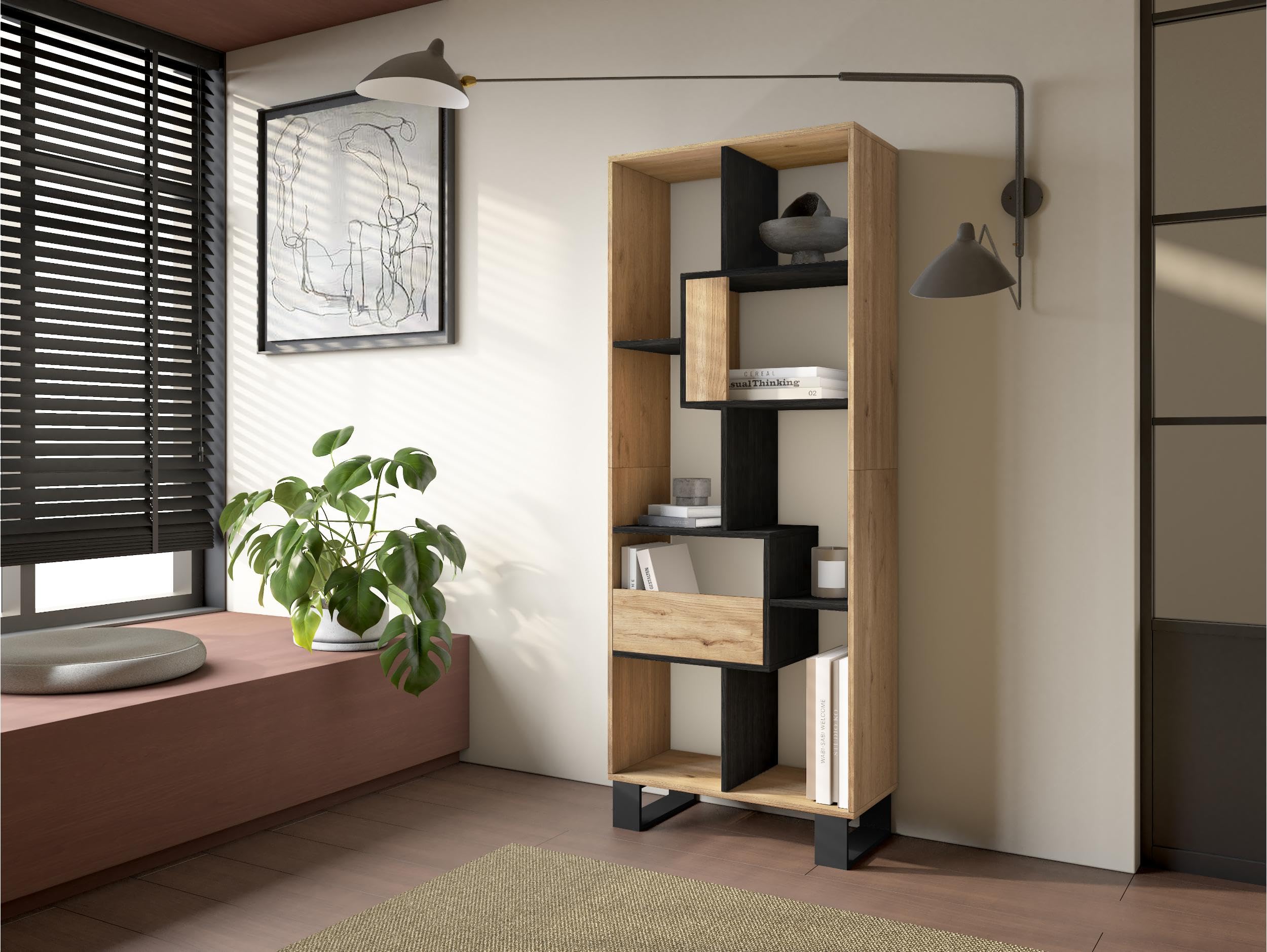 Skraut Home | Libreria scaffale | Scaffali in legno a ripiani | 174x67x31cm | Design industriale | Stile moderno | Rovere e nero