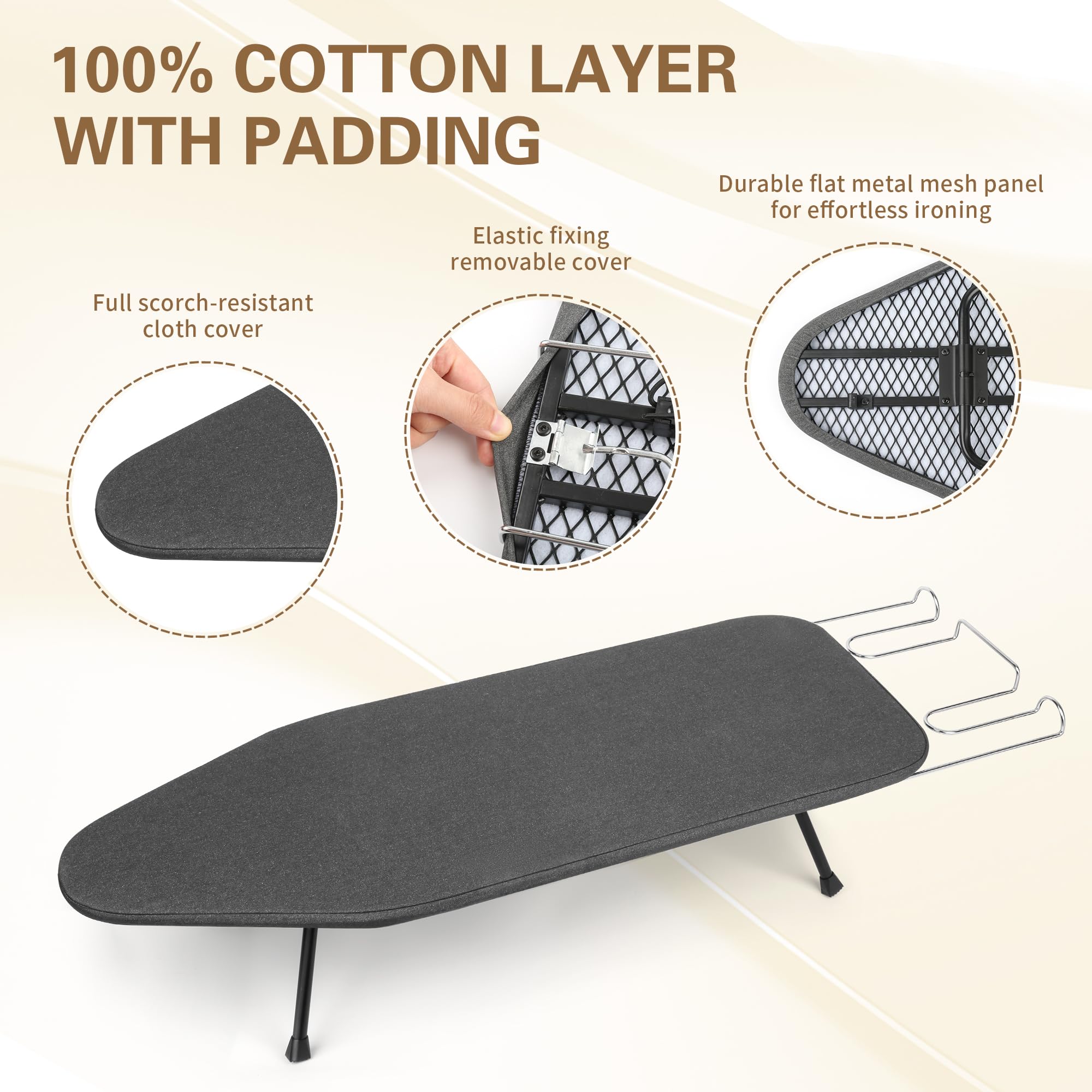 Asse da stiro pieghevole da tavolo con poggia ferro, 80,3 x 31,8 cm, copertura imbottita in cotone, pannello in rete metallica, mini asse da stiro per piccoli spazi e viaggi, grigio