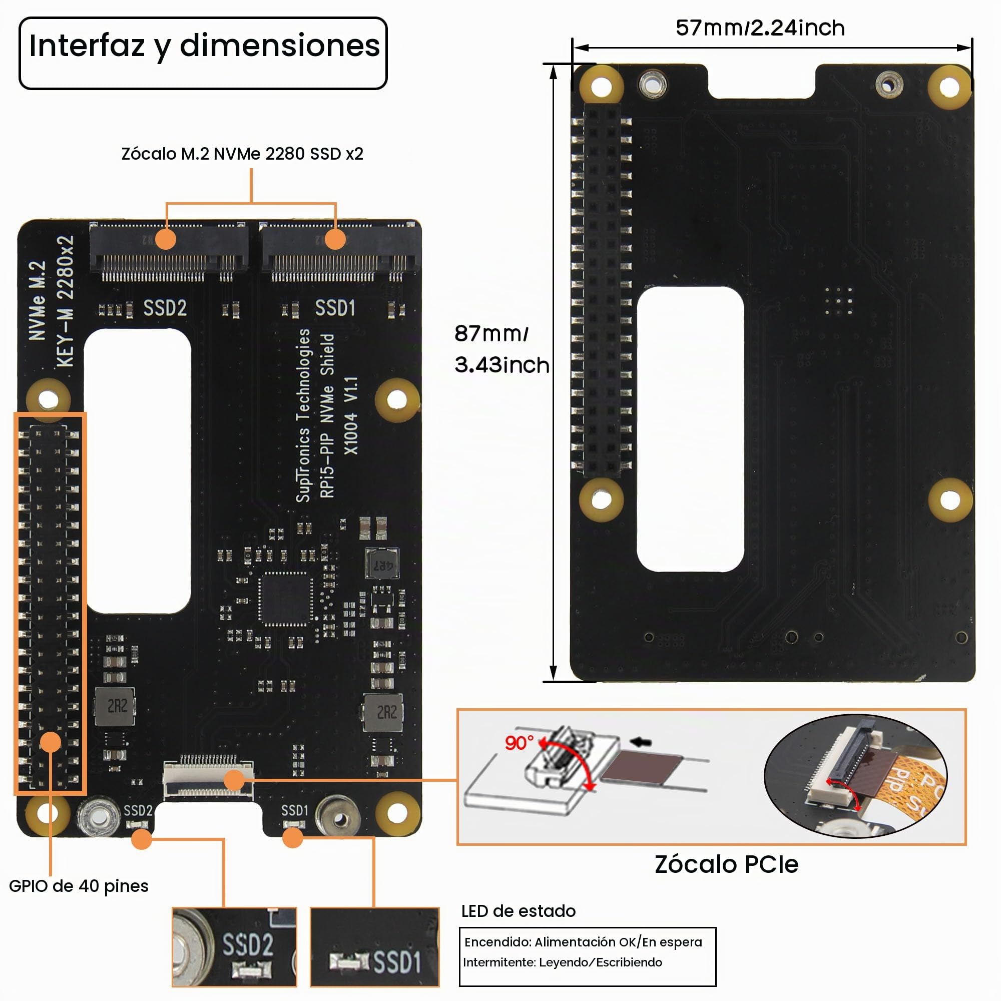 Geekworm X1004 PCIe to Dual M2 NVMe SSD 2280 Shield with Case & Power Adapter for Raspberry Pi 5