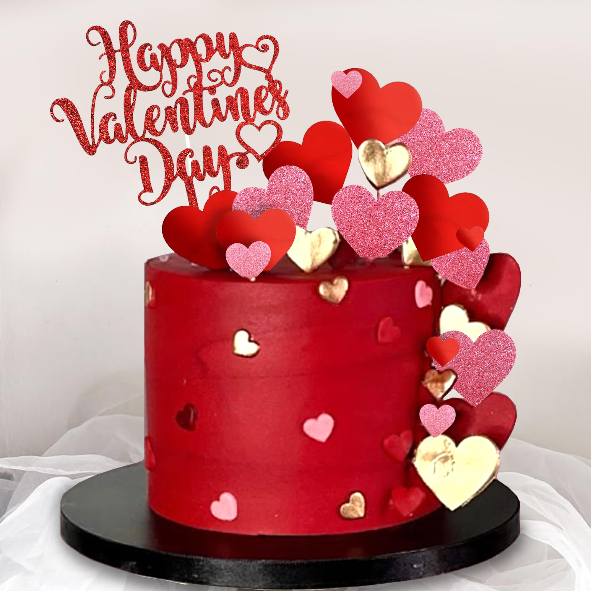 DRWATE 33pcs Happy Valentine's Day Cake Toppers with Red Heart Decorations for Valentine's Day Party Supplies (Red)