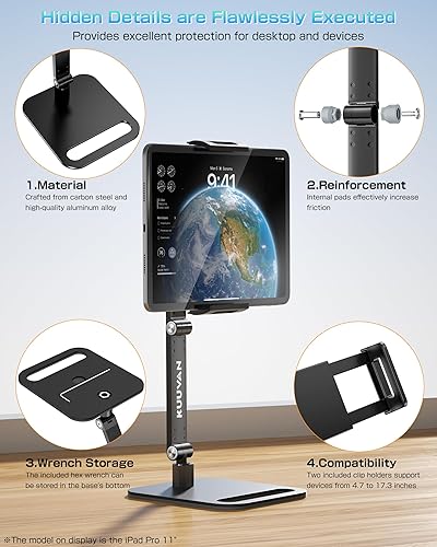 Miniatura 7 de Soporte para tableta para iPad, soporte de monitor portátil de 15.6 pulgadas, 17.3 pulgadas, soporte de brazo plegable de aleación de aluminio con