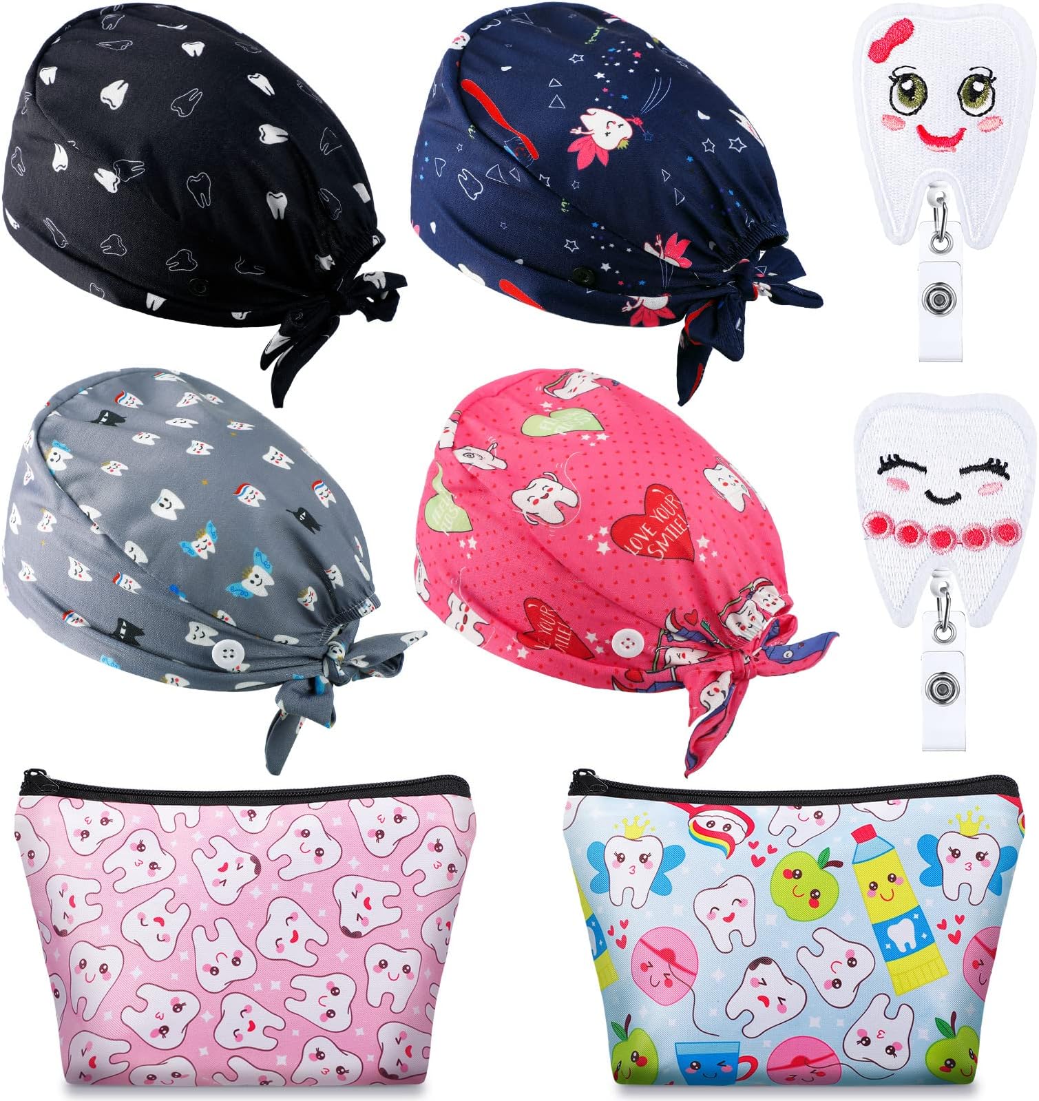 Saintrygo8 Pcs Dental Gifts Set Include 4 Dental Scrub Caps Women with Button 2 Teeth Cosmetic Bags for Women 2 Felt Tooth Shape Badge Holders Makeup Bags Nurse Hair Cover Retractable Badge Reel,