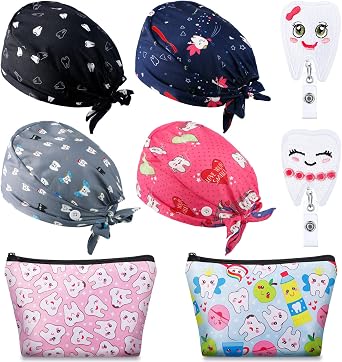 Saintrygo 8 Pcs Dental Gifts Nurse Caps Dental Scrub Caps for Women Men with Button Nursing Working Teeth Makeup Bags Felt Badge Reel Holders Adjustable Elastic Scrub Hats for Dentist