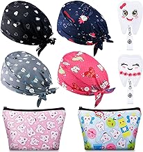 Saintrygo 8 Pcs Dental Gifts Set Include 4 Dental Scrub Caps Women with Button 2 Teeth Cosmetic Bags for Women 2 Felt Tooth Shape Badge Holders Makeup Bags Nurse Hair Cover Retractable Badge Reel