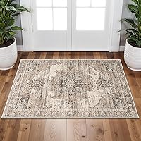 RUUGME Washable 2x3 Boho Area Rug Beige - Stain Resistant Non-Slip Tribal Vintage Rug for Living Room Bedroom Kitchen
