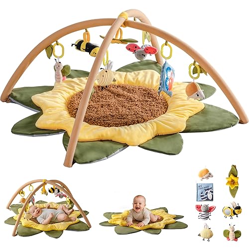Miniatura 2 de ROBUD Tapete de juego para bebé, con forma de girasol, con 7 juguetes desmontables, tapete de juego de gran tamaño para bebés de 0 a 6 meses