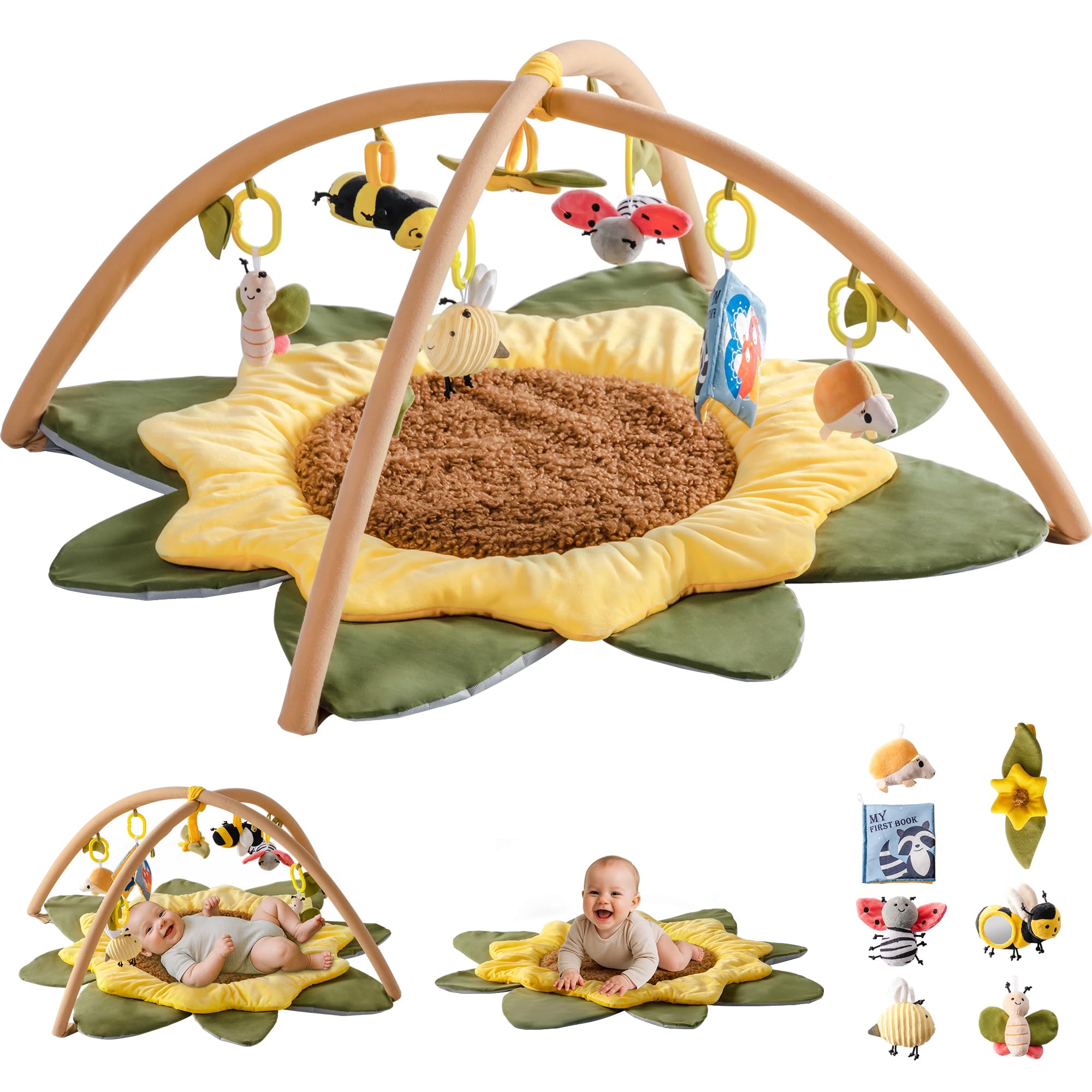 ROBUD Baby Play Mat & Activity Gym, Sunflower Tummy Time Baby Play Mat with Hanging Toys, Musical Rattles, Plush Dolls & Mirror, Soft Baby Mats for Floor Play, Baby Essentials Sensory Toys for Newborn