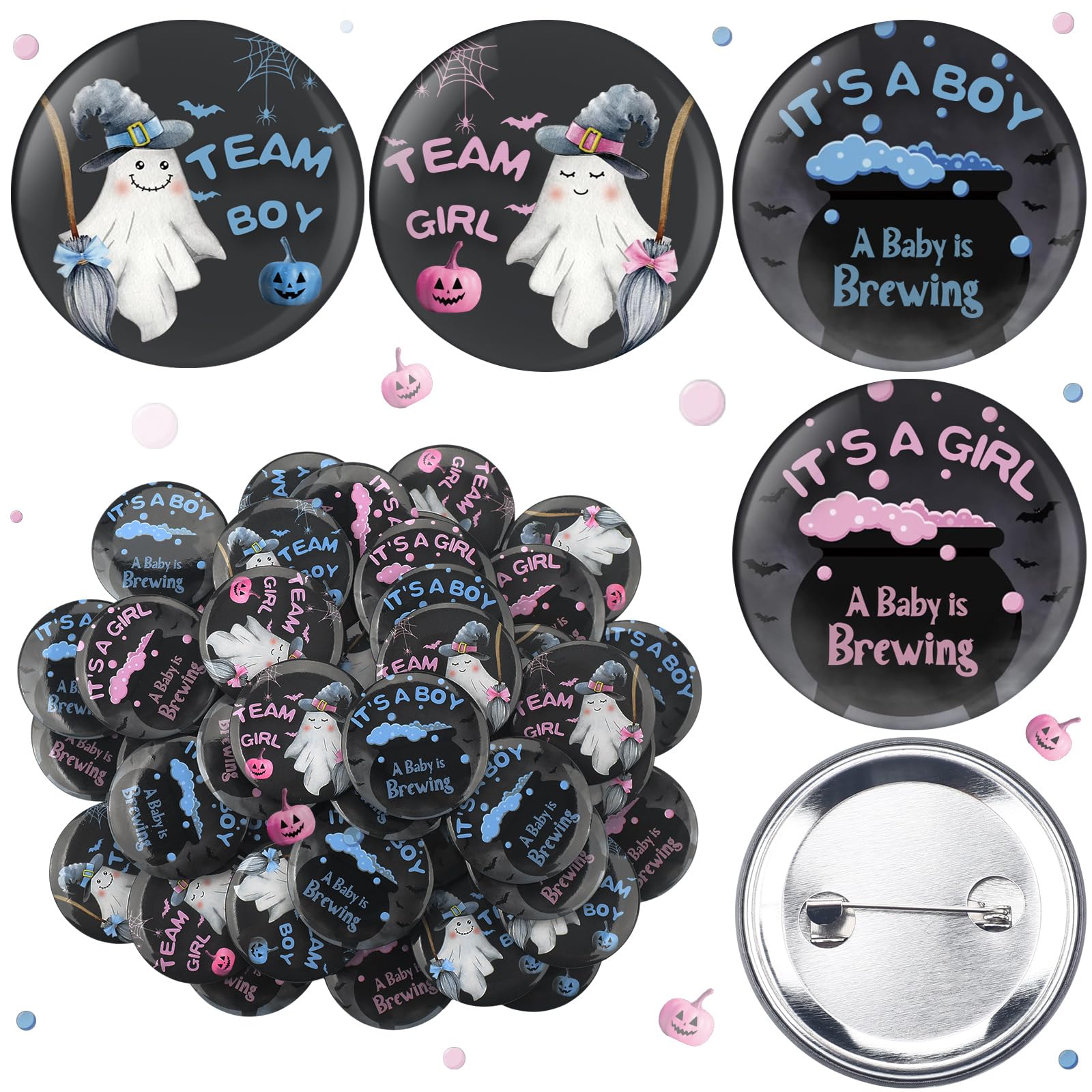 Highergo 48 Pcs Halloween Gender Reveal Decorations Pins Team Boy or Girl
