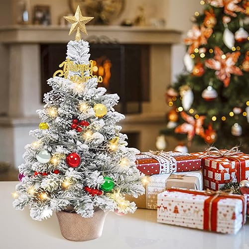 Miniatura 5 de Juego de mini árbol de Navidad de mesa de 24 pulgadas, pequeño árbol de Navidad preiluminado con luces LED cálidas, estrella de árbol, conos de pino