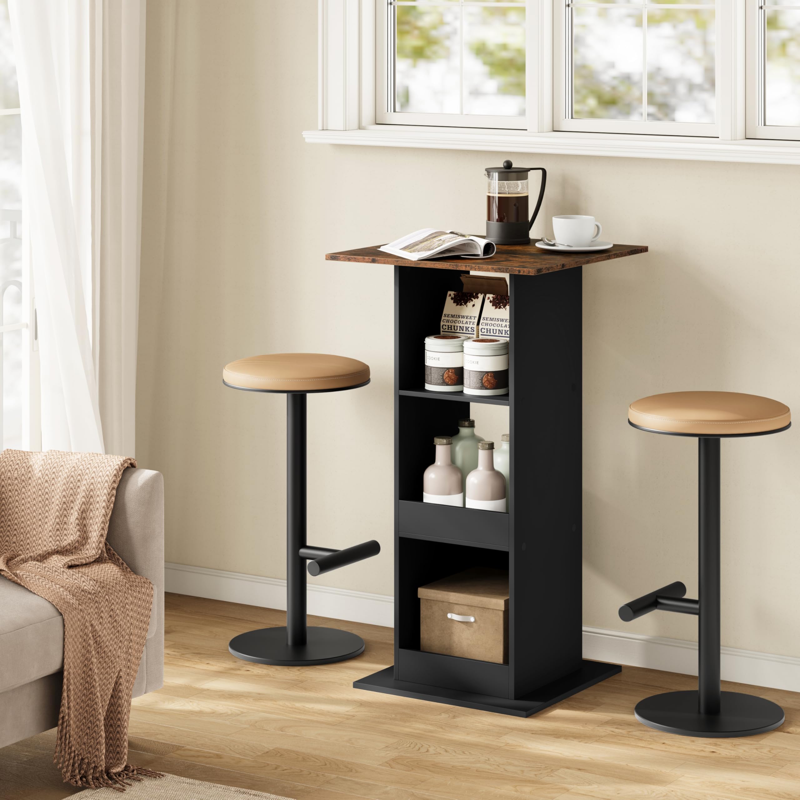 stolik barowy bistro, stół kuchenny, kwadratowy stół z 3 półkami, do baru, kuchni, salonu, z materiału drewnopochodnego, wysokość 112 cm, czarny + rustykalny