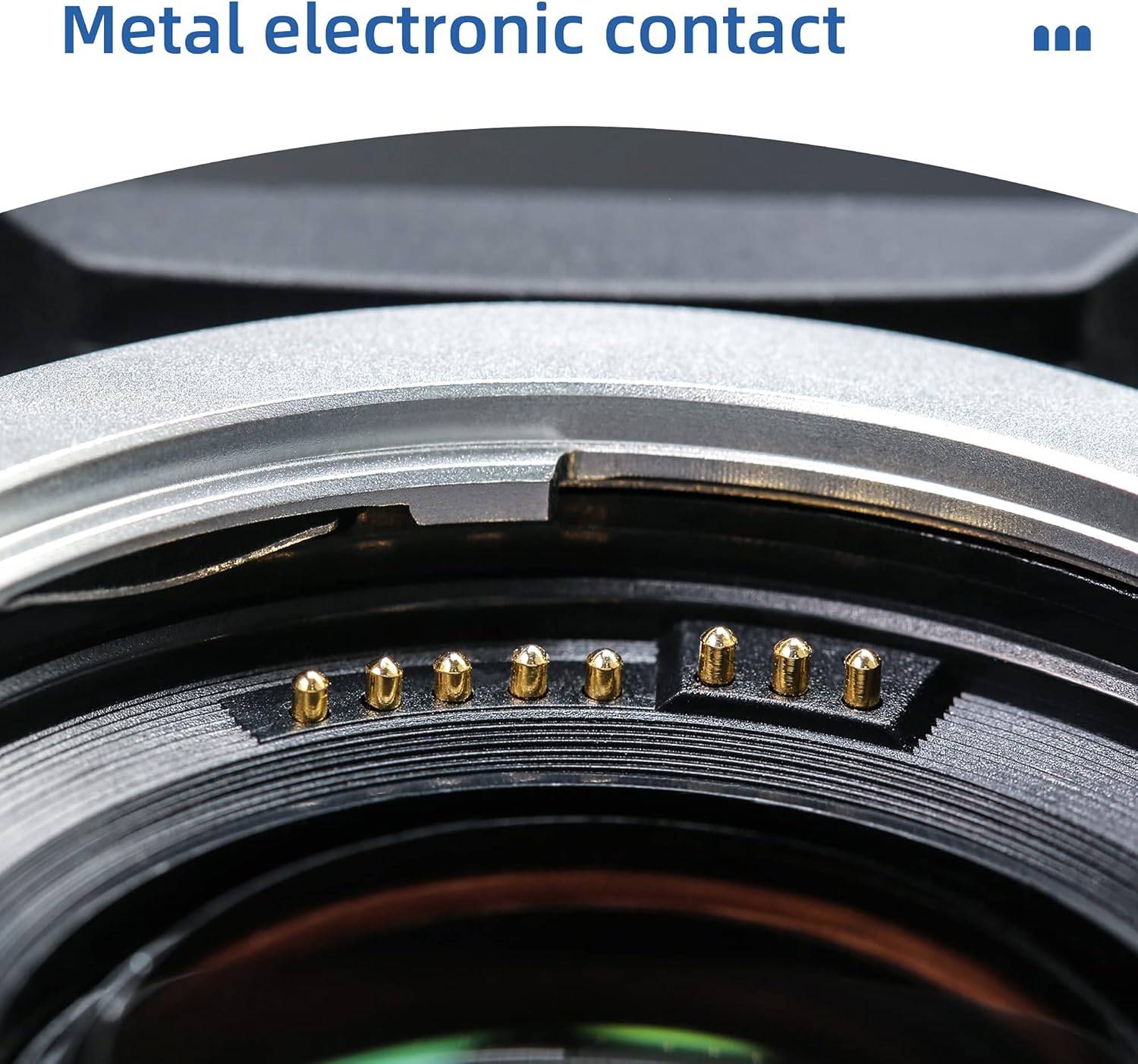 Fèmen view of the metal electronic contacts on the VILTROX EF-EOS M2 adapter.