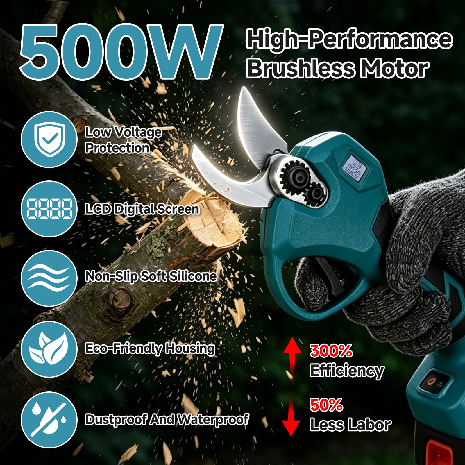 Sécateur Électrique Sans Fil Professionnel, Coupe-Branches Sur Batterie Ø 25 mm avec Lames en Acier SK5 et Interrupteur De Sécurité, 2 Batteries 3000 mAh pour Jardinage, Arbres et Vignes